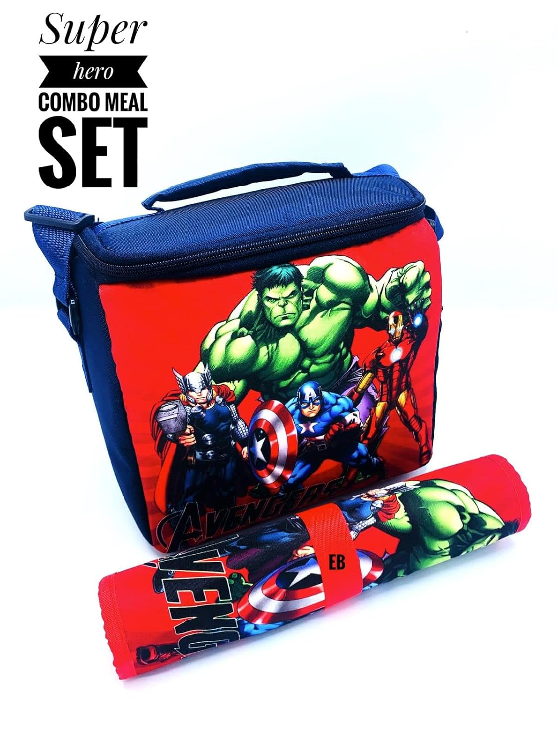 Echo Boomers Avengers Printed Insulated Lunch Bag & Rolled Dinning TableMat Combo, Tiffin and Food Storage Bag for Work, Students, Office, Picnic, College & School with Multiple Zipper Pockets Red