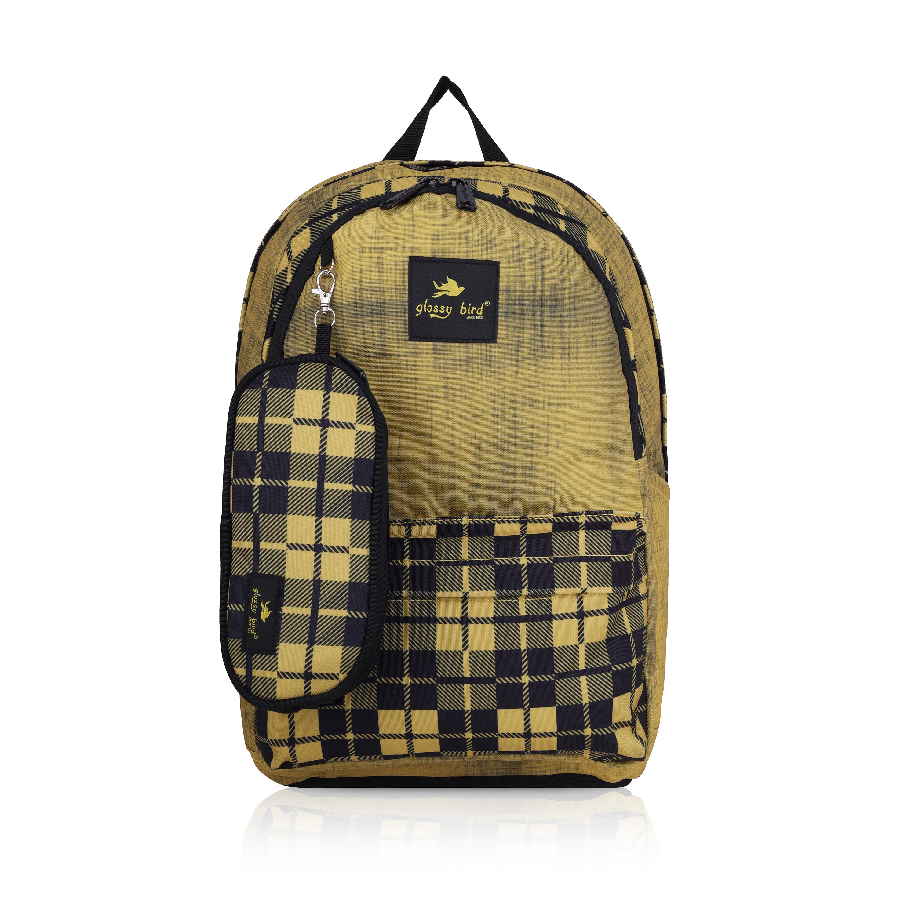 Echo Boomers Glossy Bird 21L Unisex Backpack with Pouch – Stylish Check Design, 3 Compartments, Front Pocket, Bottle Holder – Water-Resistant School, Travel, Office Bag (Yellow