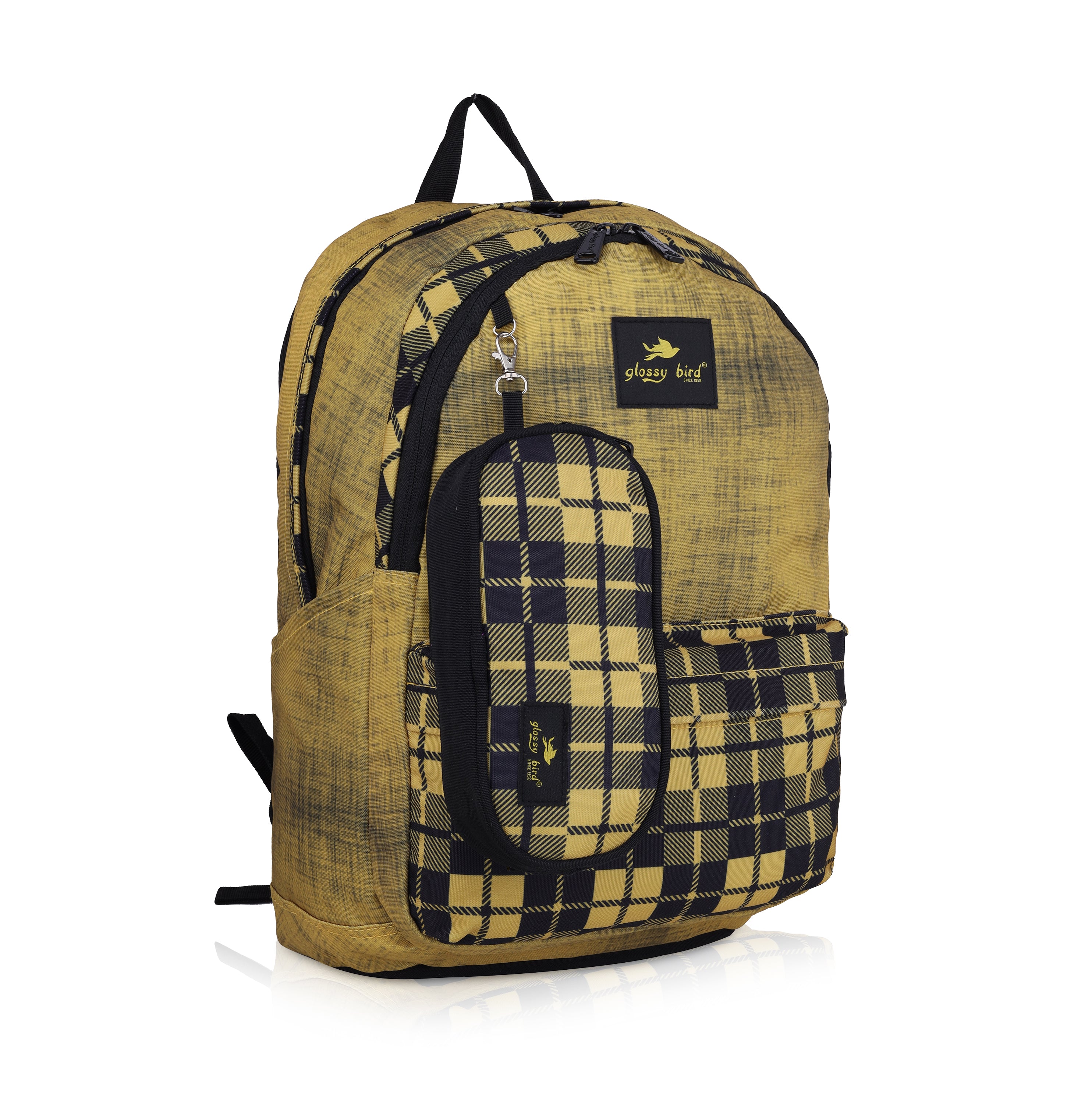 Echo Boomers Glossy Bird 21L Unisex Backpack with Pouch – Stylish Check Design, 3 Compartments, Front Pocket, Bottle Holder – Water-Resistant School, Travel, Office Bag (Yellow