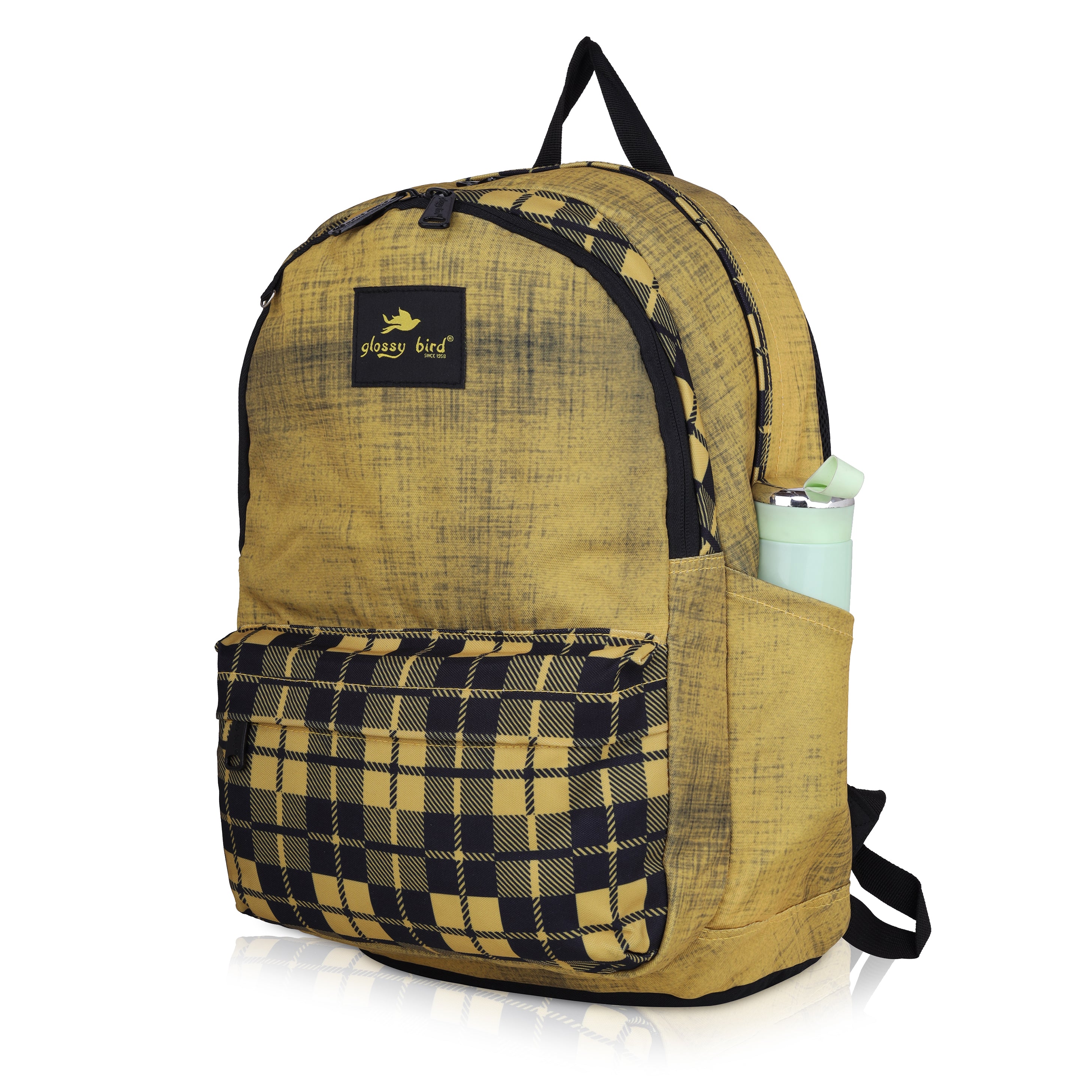 Echo Boomers Glossy Bird 21L Unisex Backpack with Pouch – Stylish Check Design, 3 Compartments, Front Pocket, Bottle Holder – Water-Resistant School, Travel, Office Bag (Yellow