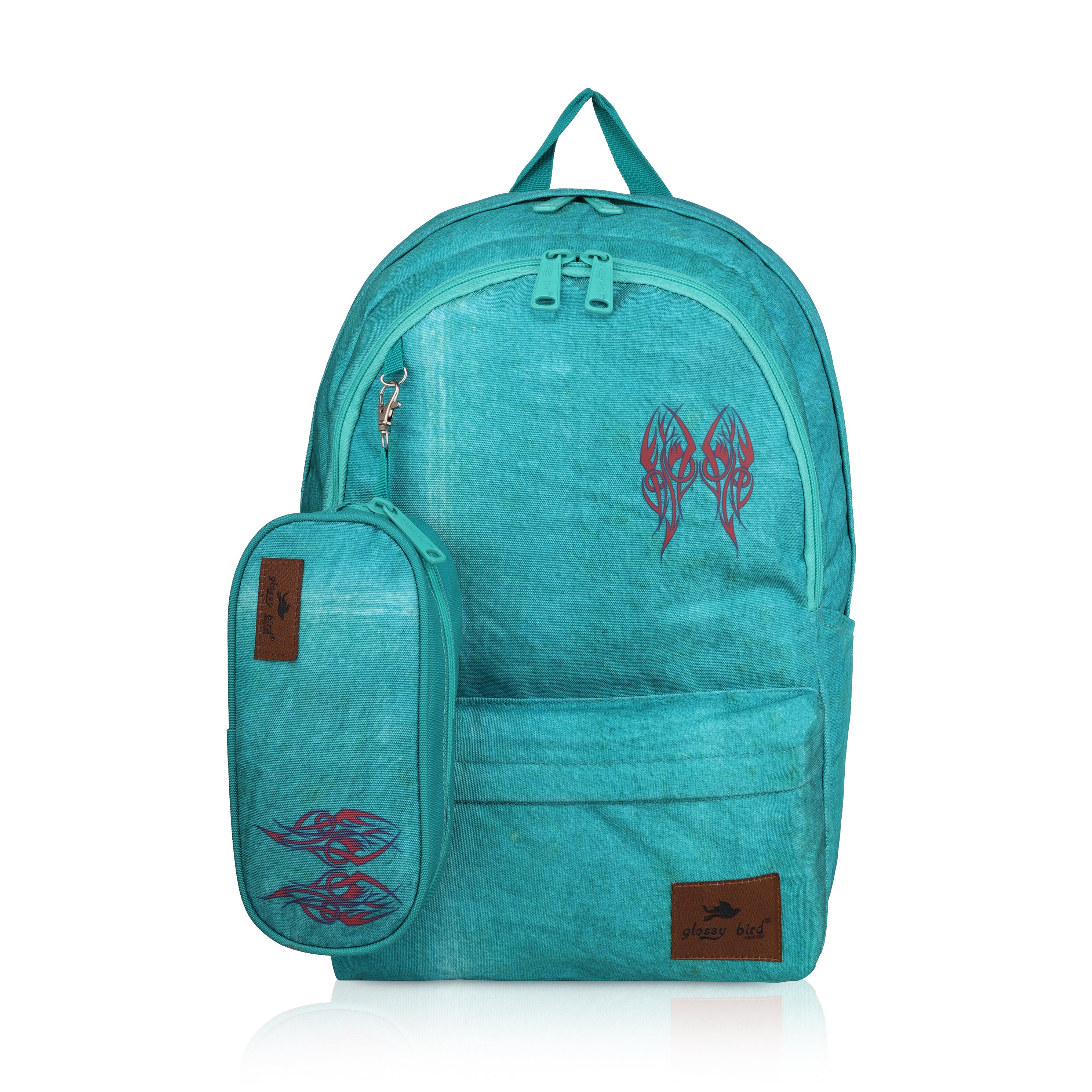 Echo Boomers Glossy Bird Backpack – Water-Resistant Stylish Bag with 3 Compartments, Bottle Holder, Detachable Pouch & Padded Straps – School & Travel Bag (AQUA)