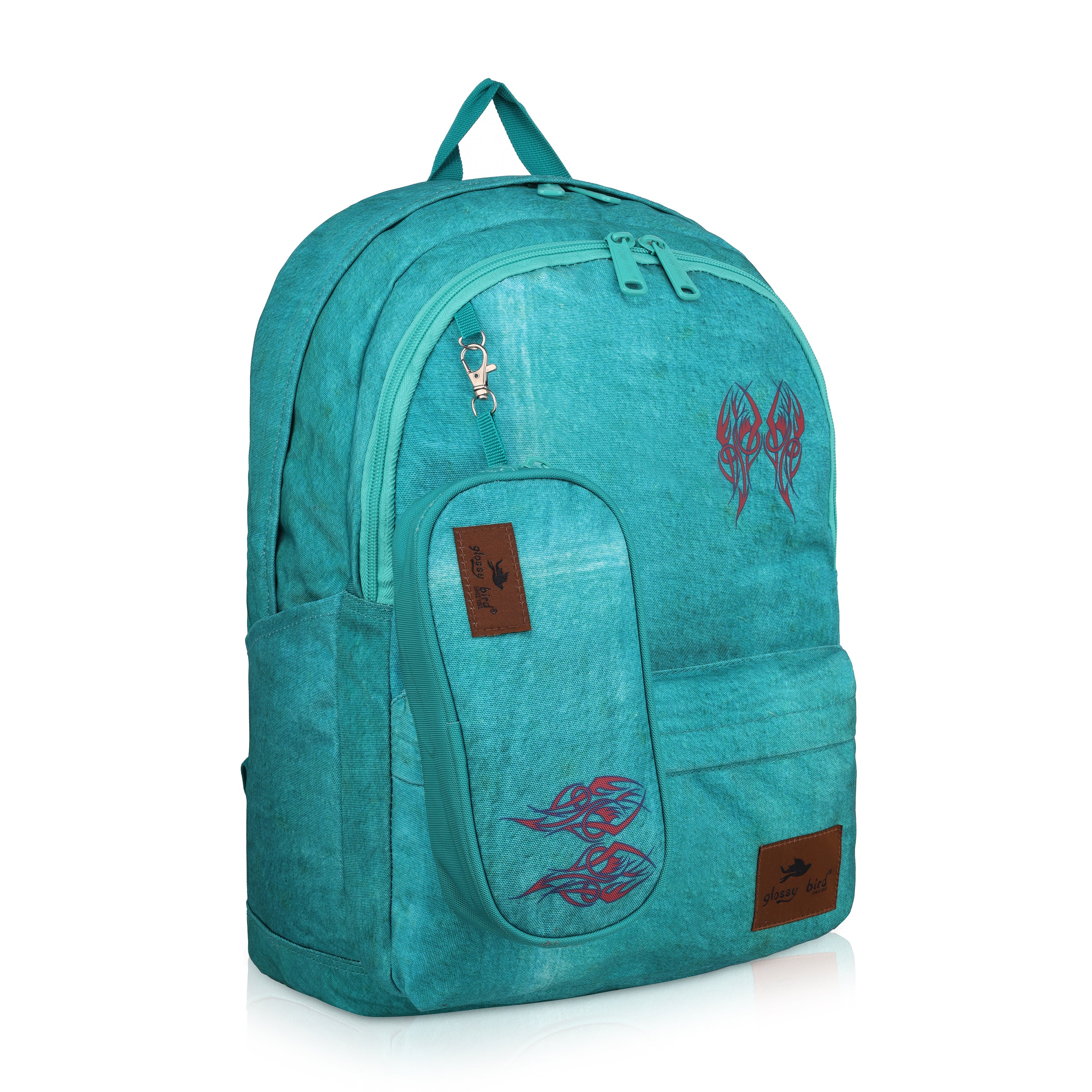 Echo Boomers Glossy Bird Backpack – Water-Resistant Stylish Bag with 3 Compartments, Bottle Holder, Detachable Pouch & Padded Straps – School & Travel Bag (AQUA)