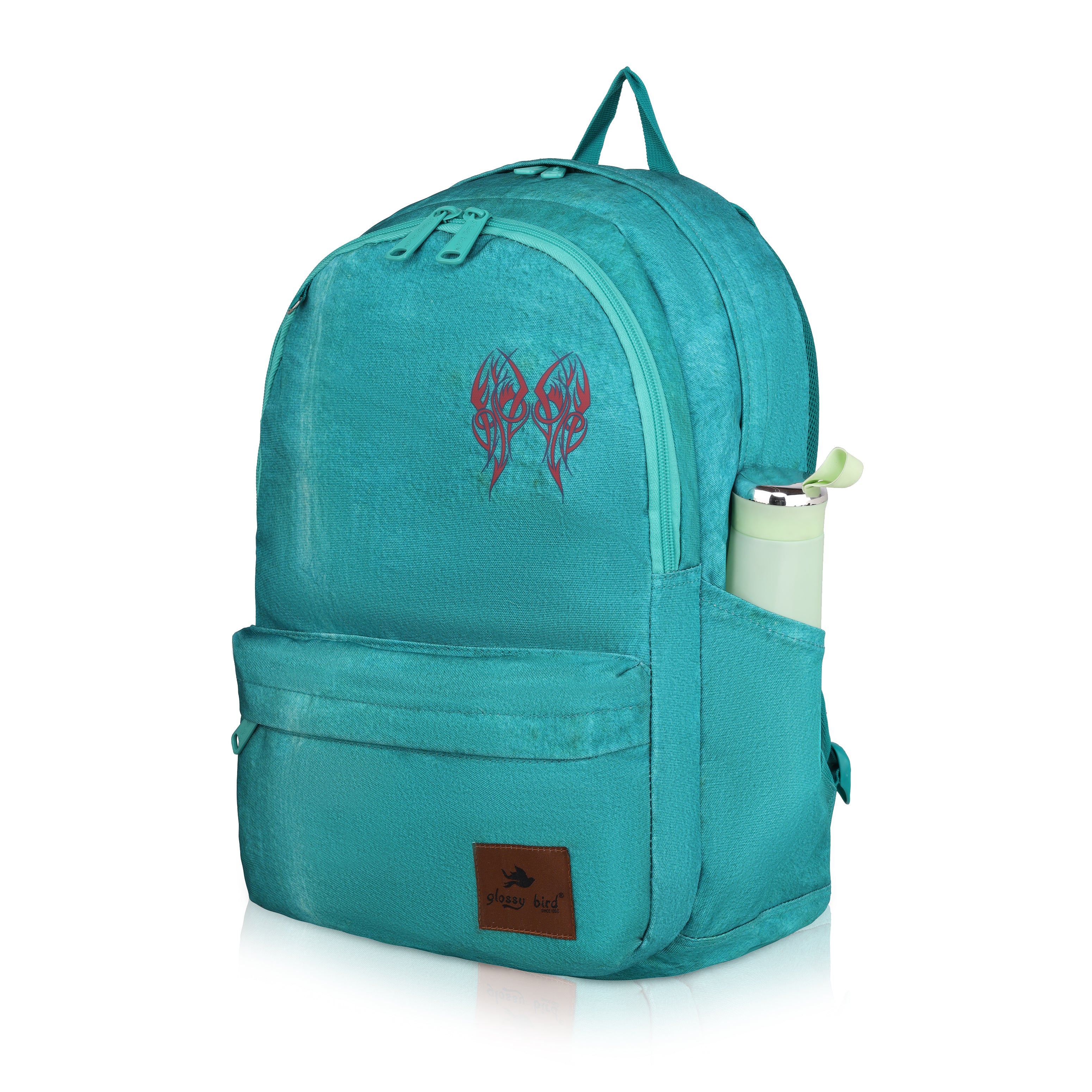 Echo Boomers Glossy Bird Backpack – Water-Resistant Stylish Bag with 3 Compartments, Bottle Holder, Detachable Pouch & Padded Straps – School & Travel Bag (AQUA)