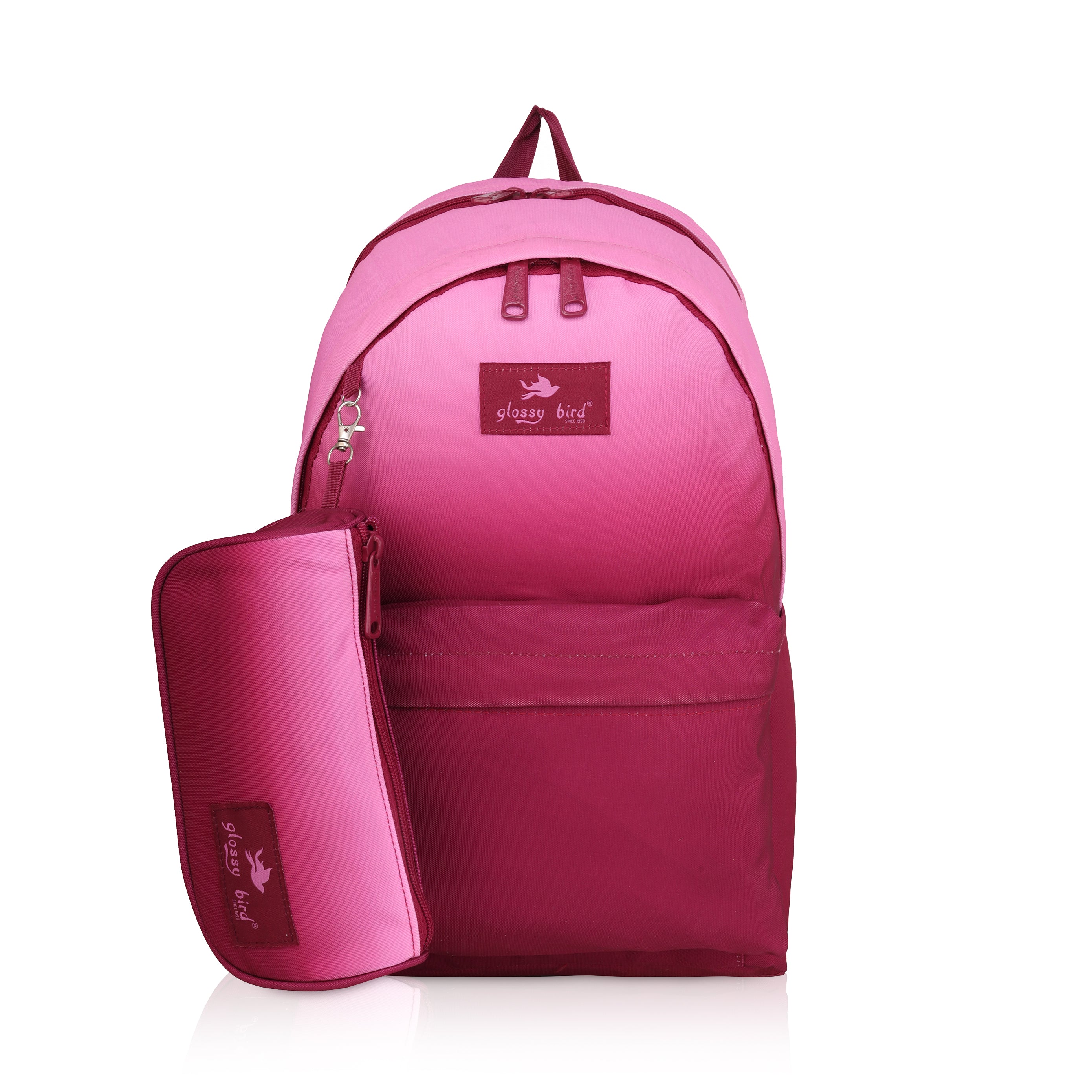 Echo Boomers Glossy Bird Backpack with Pouch – Casual Backpack with Compartments, Front Pocket, Bottle Holder – Ideal for School, College, Travel – Boys, Girls, Men, Women (Pink)