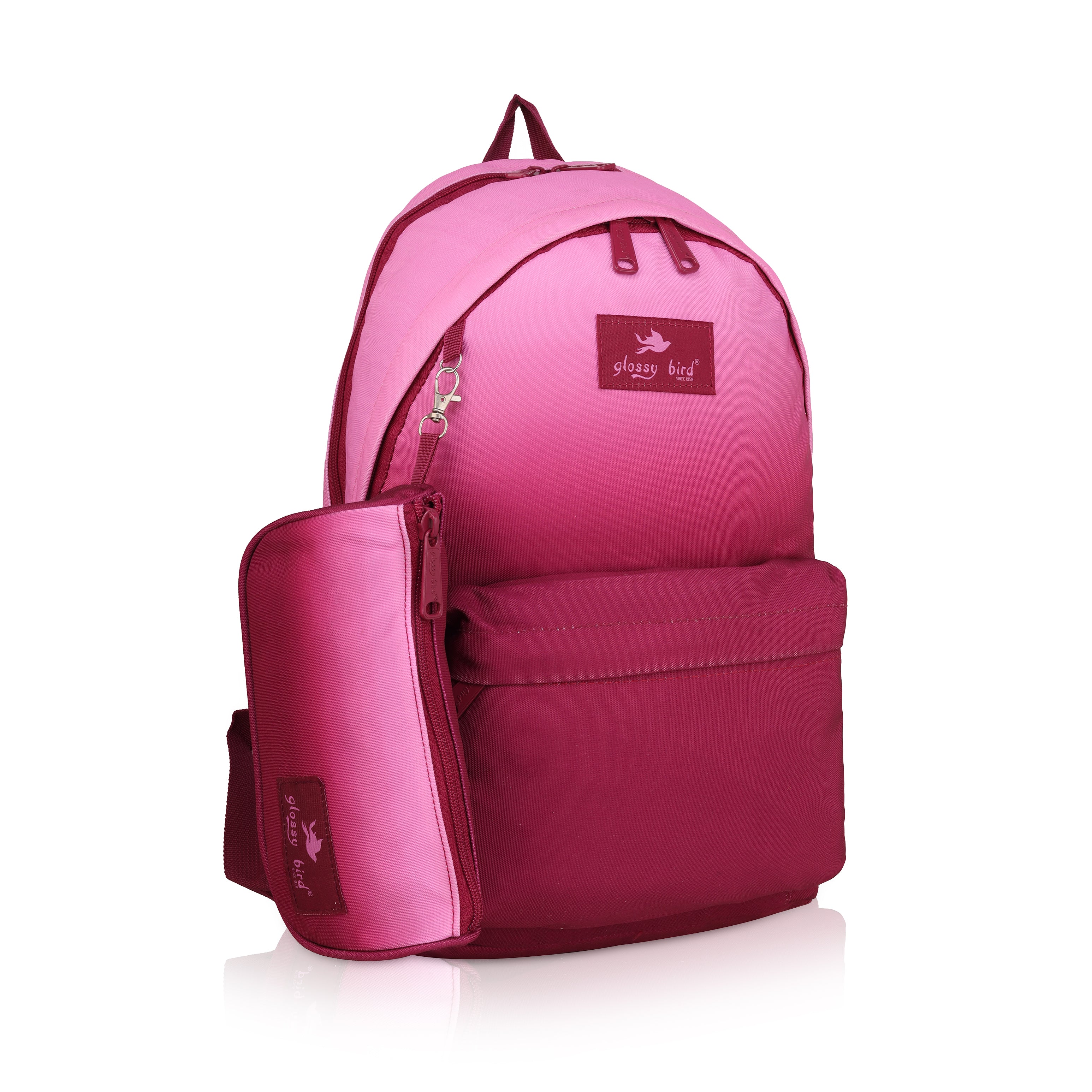 Echo Boomers Glossy Bird Backpack with Pouch – Casual Backpack with Compartments, Front Pocket, Bottle Holder – Ideal for School, College, Travel – Boys, Girls, Men, Women (Pink)