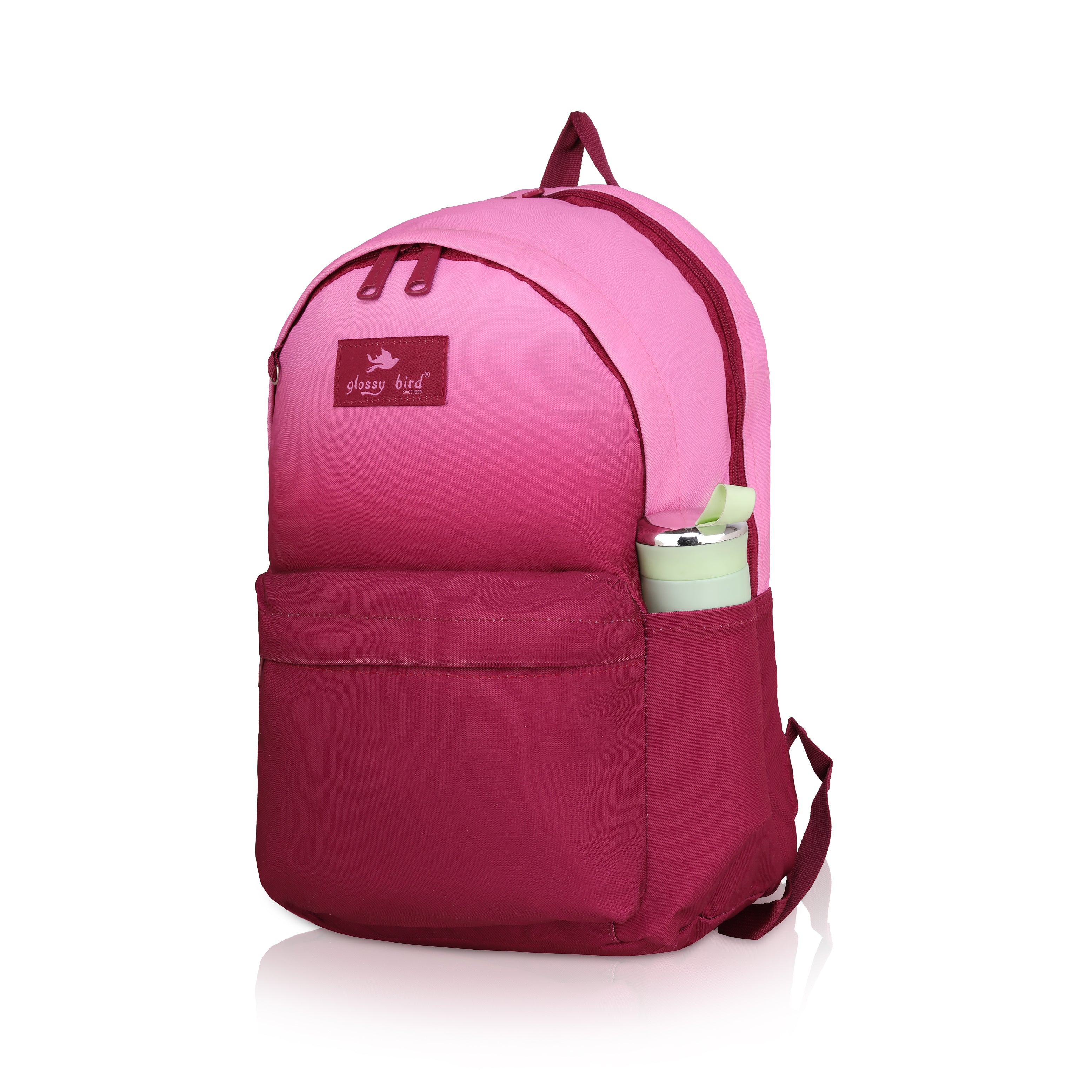 Echo Boomers Glossy Bird Backpack with Pouch – Casual Backpack with Compartments, Front Pocket, Bottle Holder – Ideal for School, College, Travel – Boys, Girls, Men, Women (Pink)