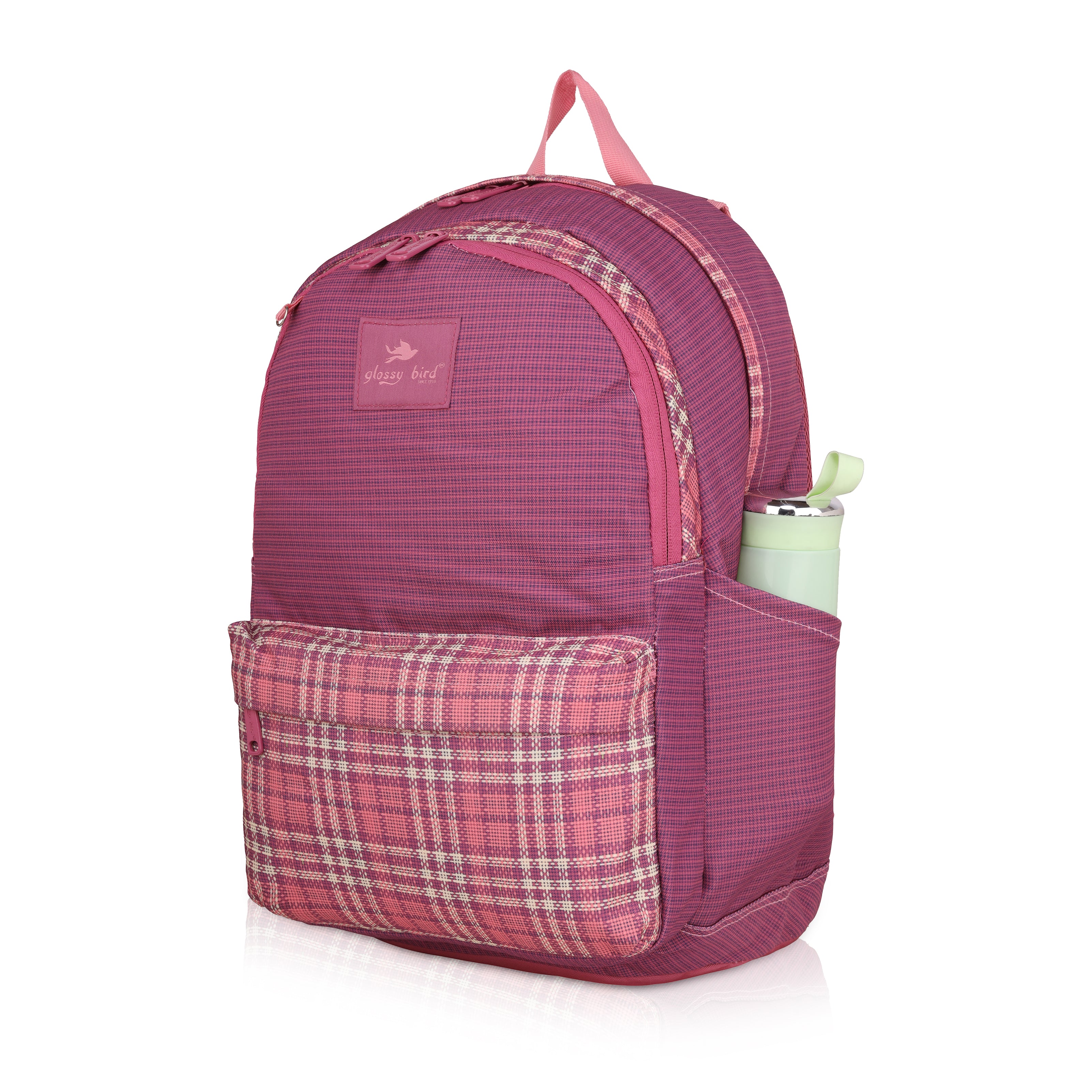 Echo Boomers Glossy Bird 21L Unisex Backpack with Pouch – Stylish Check Design, 3 Compartments, Front Pocket, Bottle Holder – Water-Resistant School, Travel, Office Bag (Yellow