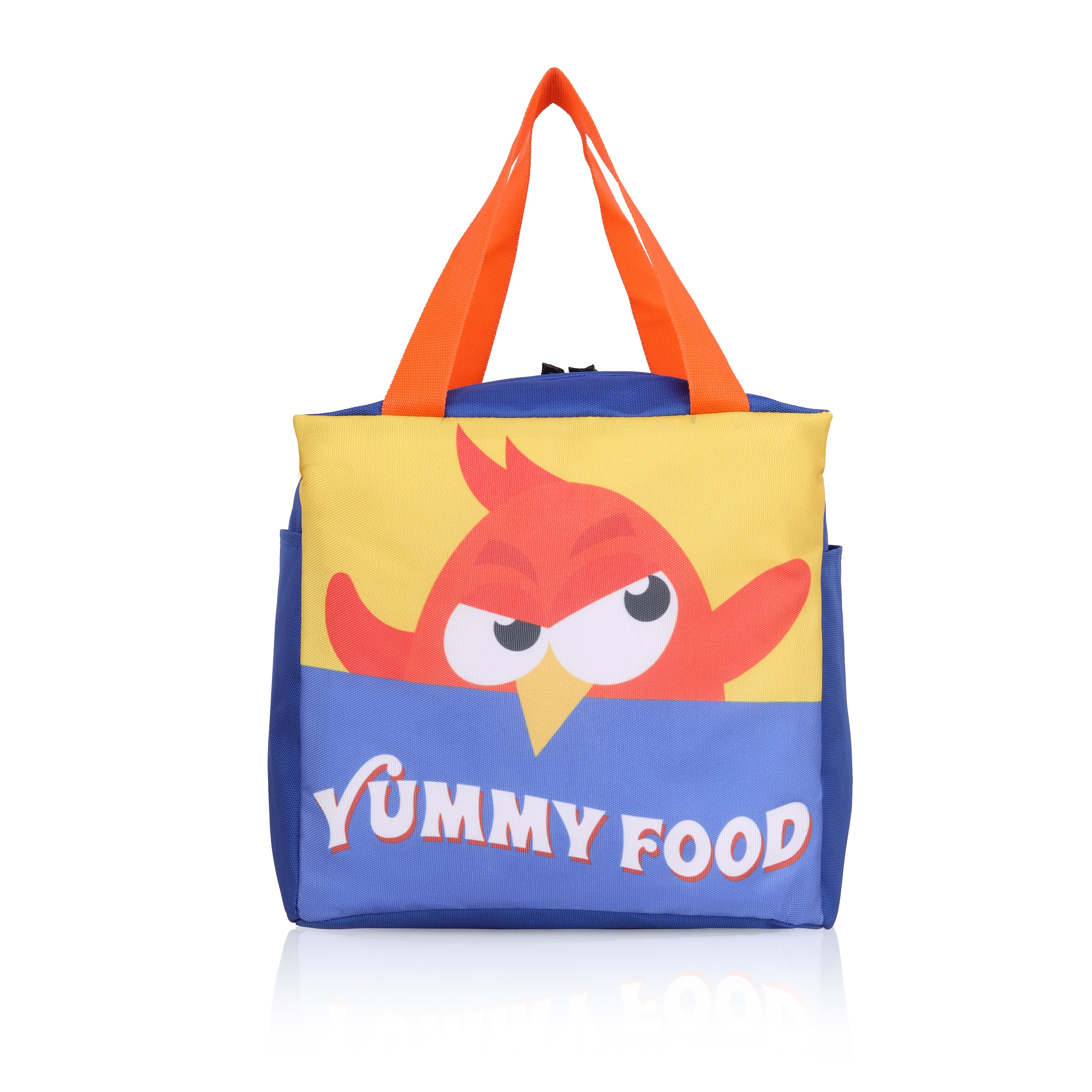 Echo Boomers Yummy Food Blue Lunch Bag with Orange Bird Print for Kids | Stylish, Lightweight & Durable | School, Travel & Picnic Use | Premium Zipper, Sturdy Handle, Easy to Clean