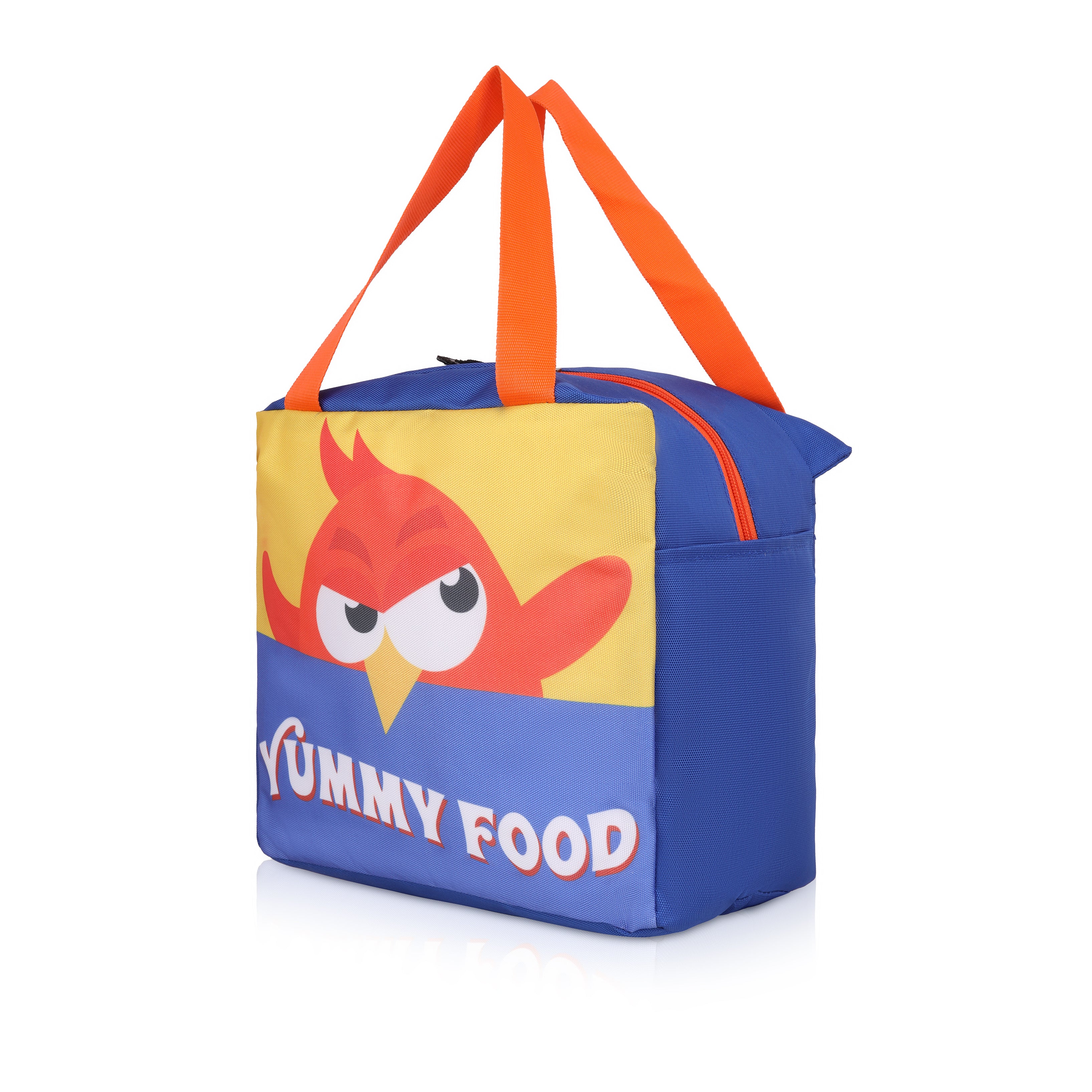 Echo Boomers Yummy Food Blue Lunch Bag with Orange Bird Print for Kids | Stylish, Lightweight & Durable | School, Travel & Picnic Use | Premium Zipper, Sturdy Handle, Easy to Clean