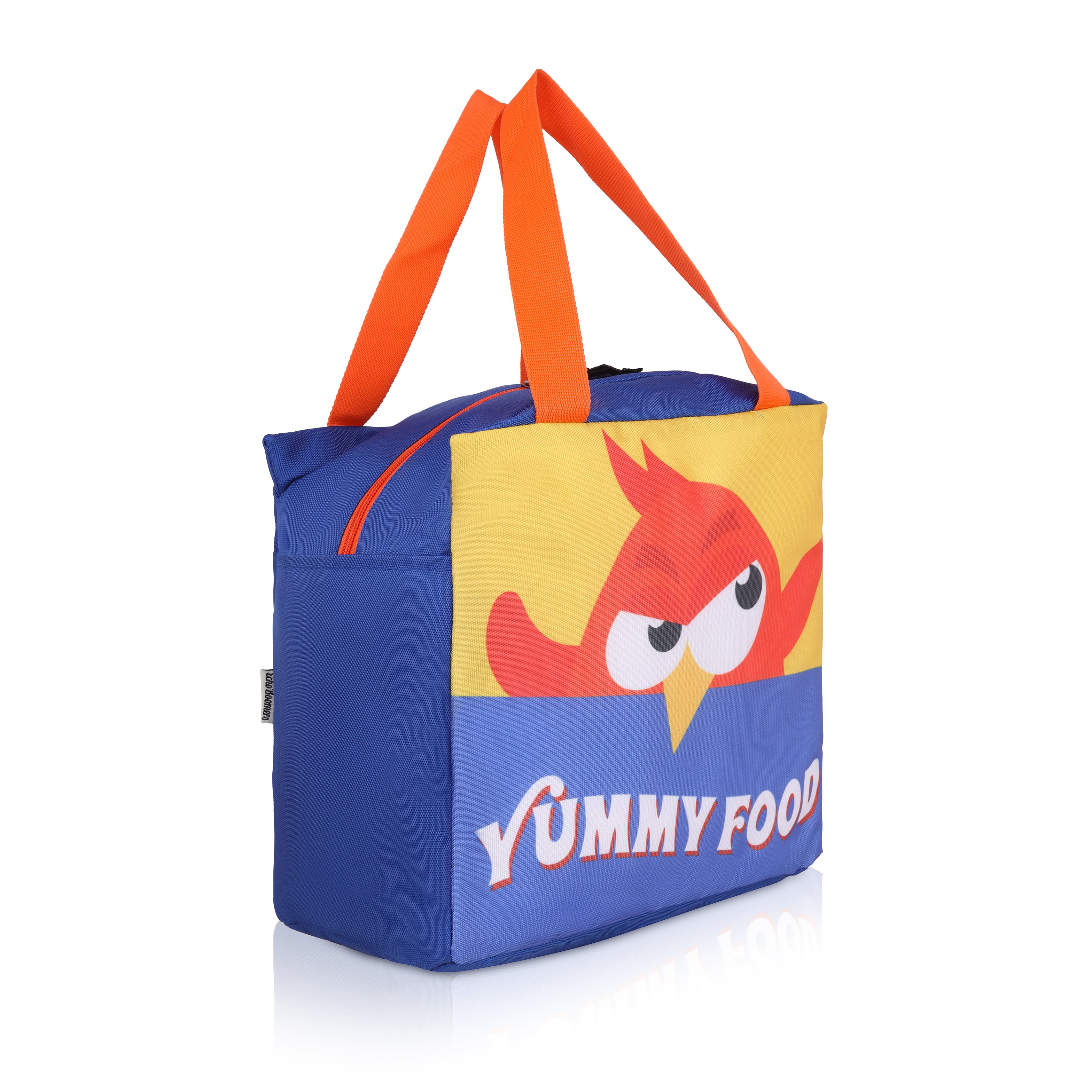 Echo Boomers Yummy Food Blue Lunch Bag with Orange Bird Print for Kids | Stylish, Lightweight & Durable | School, Travel & Picnic Use | Premium Zipper, Sturdy Handle, Easy to Clean