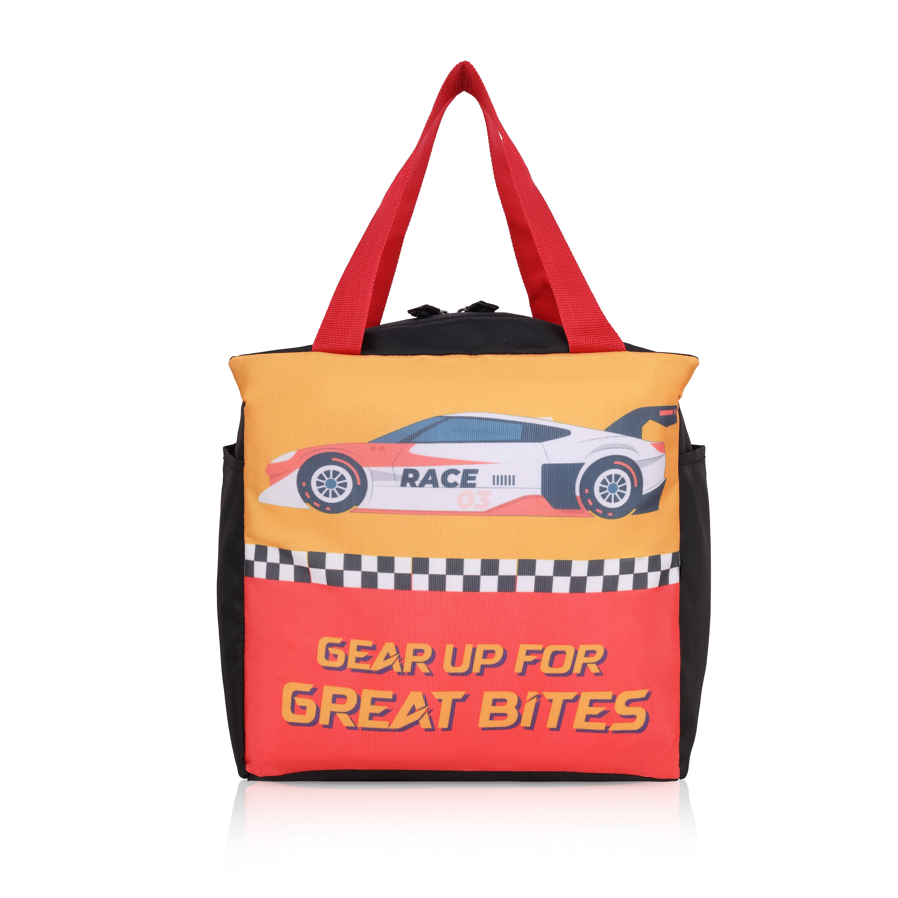 Echo Boomers Gear Up for Great Bites Race Car Black Lunch Bag for Kids | Stylish, Lightweight & Durable | School, Travel & Picnic Use | Premium Zipper, Sturdy Handle, Easy to Clean