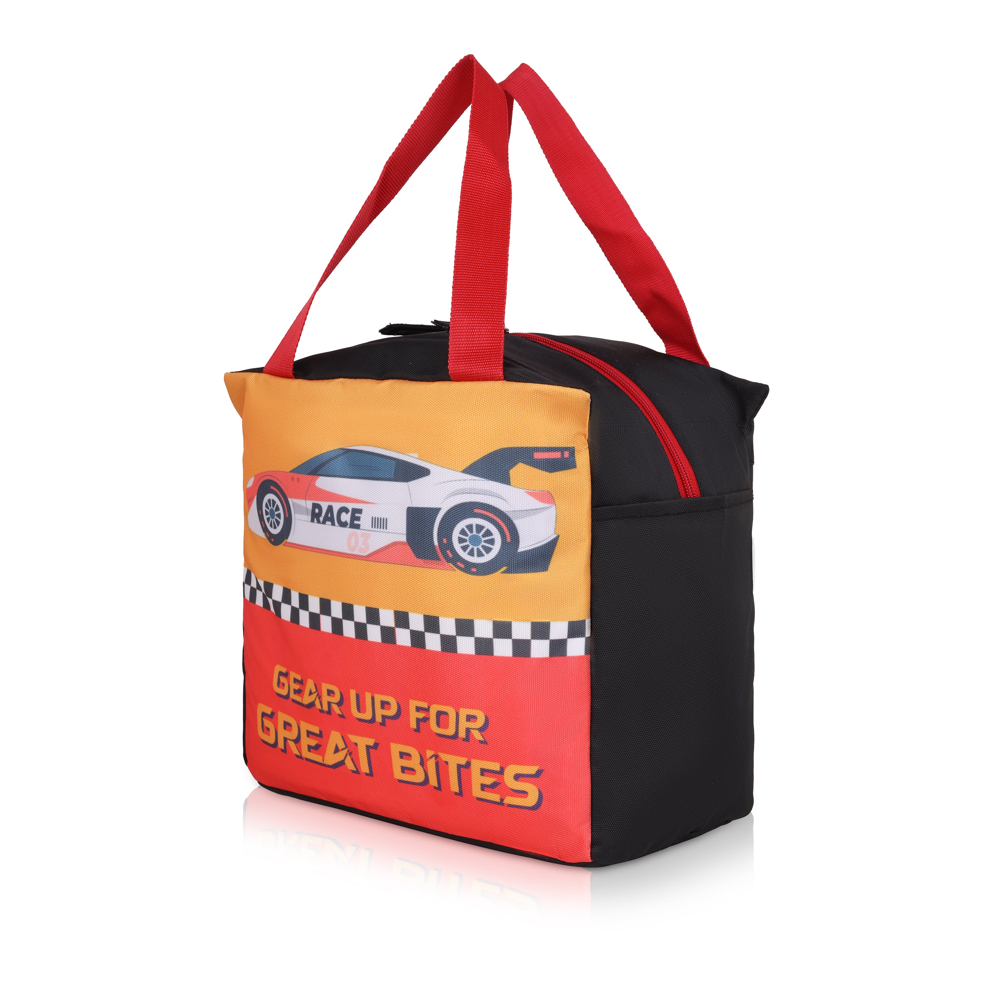 Echo Boomers Gear Up for Great Bites Race Car Black Lunch Bag for Kids | Stylish, Lightweight & Durable | School, Travel & Picnic Use | Premium Zipper, Sturdy Handle, Easy to Clean