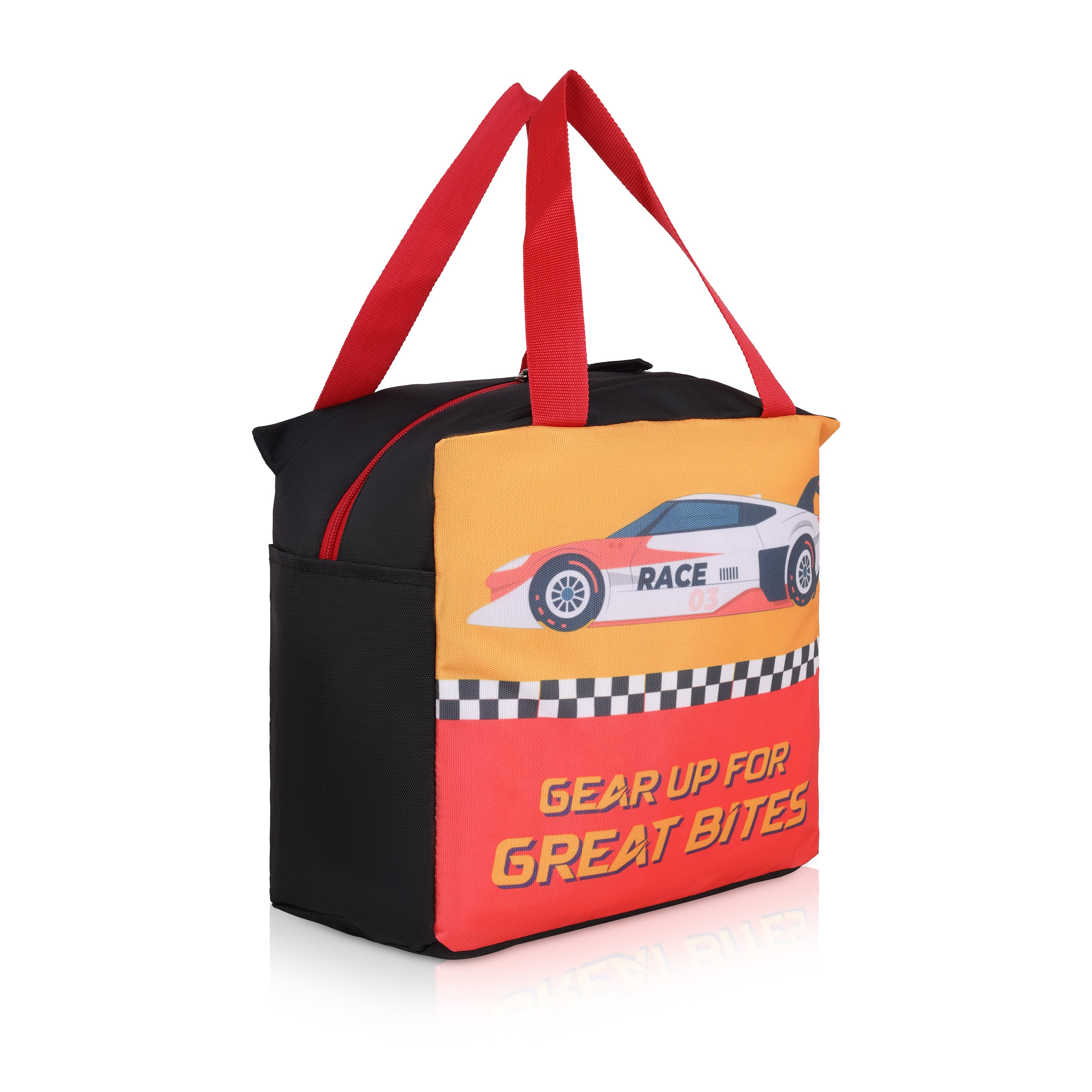 Echo Boomers Gear Up for Great Bites Race Car Black Lunch Bag for Kids | Stylish, Lightweight & Durable | School, Travel & Picnic Use | Premium Zipper, Sturdy Handle, Easy to Clean
