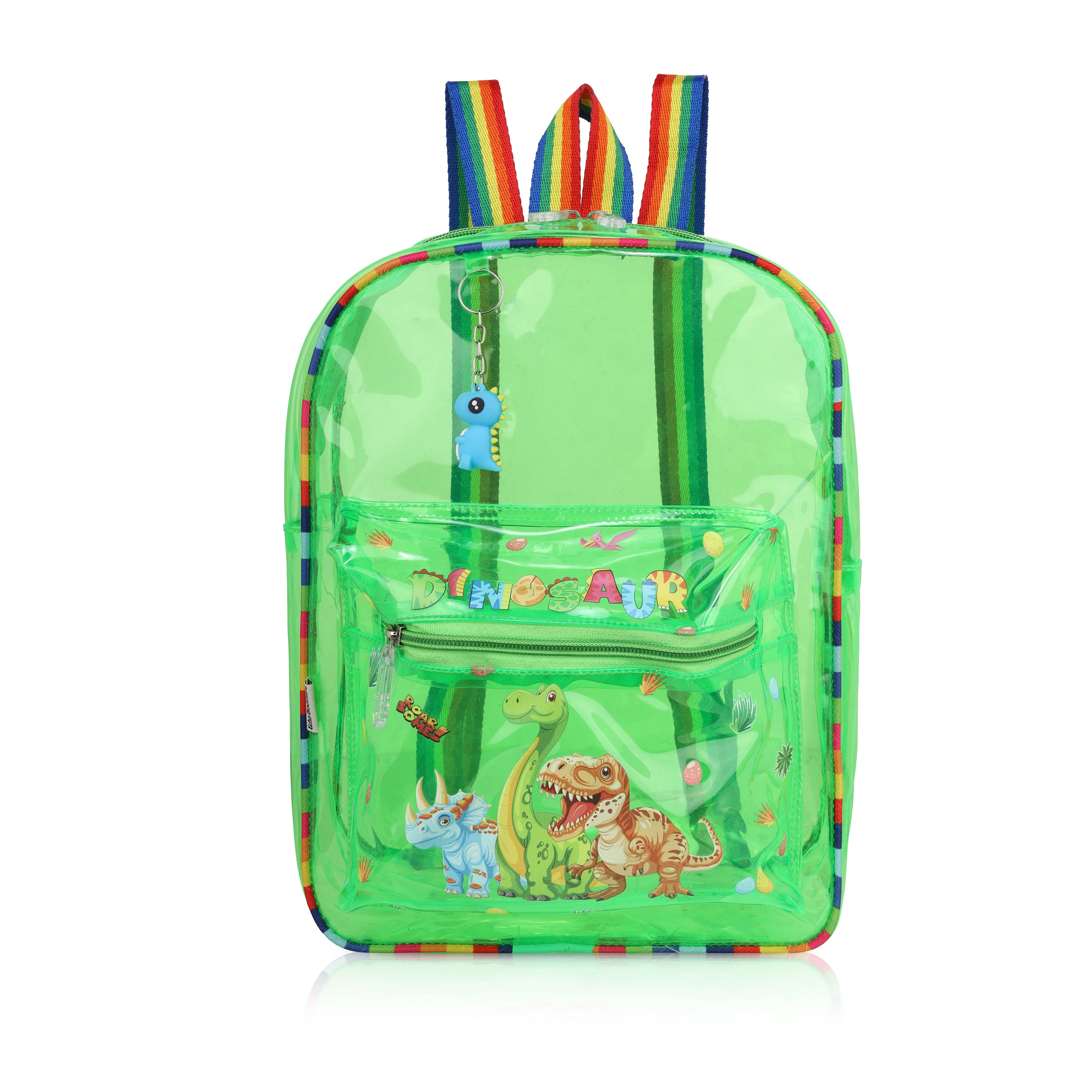 Echo Boomers Green Jelly Backpack Stylish, Lightweight & Durable with Dinosaur Print & “Dinosaur” Text, Transparent Soft Plastic, Adjustable Straps, Sturdy Handle, Premium Zipper & Versatile Design for School, Play & Everyday Adventures.
