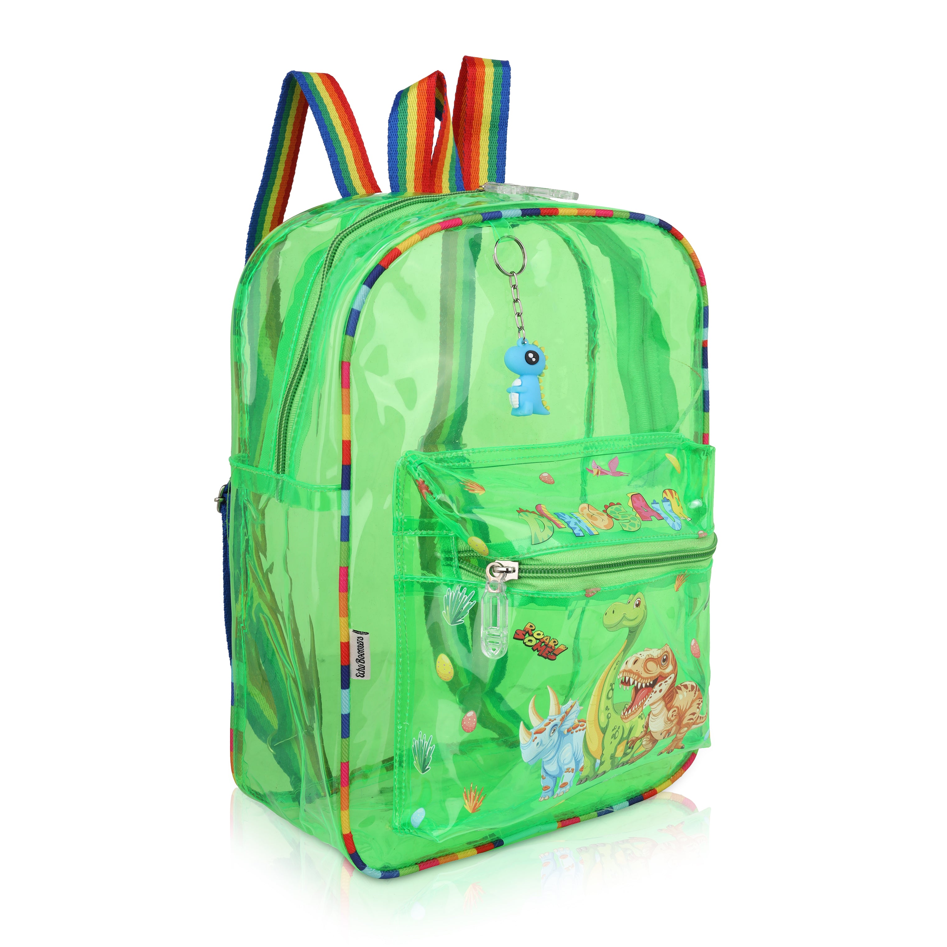 Echo Boomers Green Jelly Backpack Stylish, Lightweight & Durable with Dinosaur Print & “Dinosaur” Text, Transparent Soft Plastic, Adjustable Straps, Sturdy Handle, Premium Zipper & Versatile Design for School, Play & Everyday Adventures.
