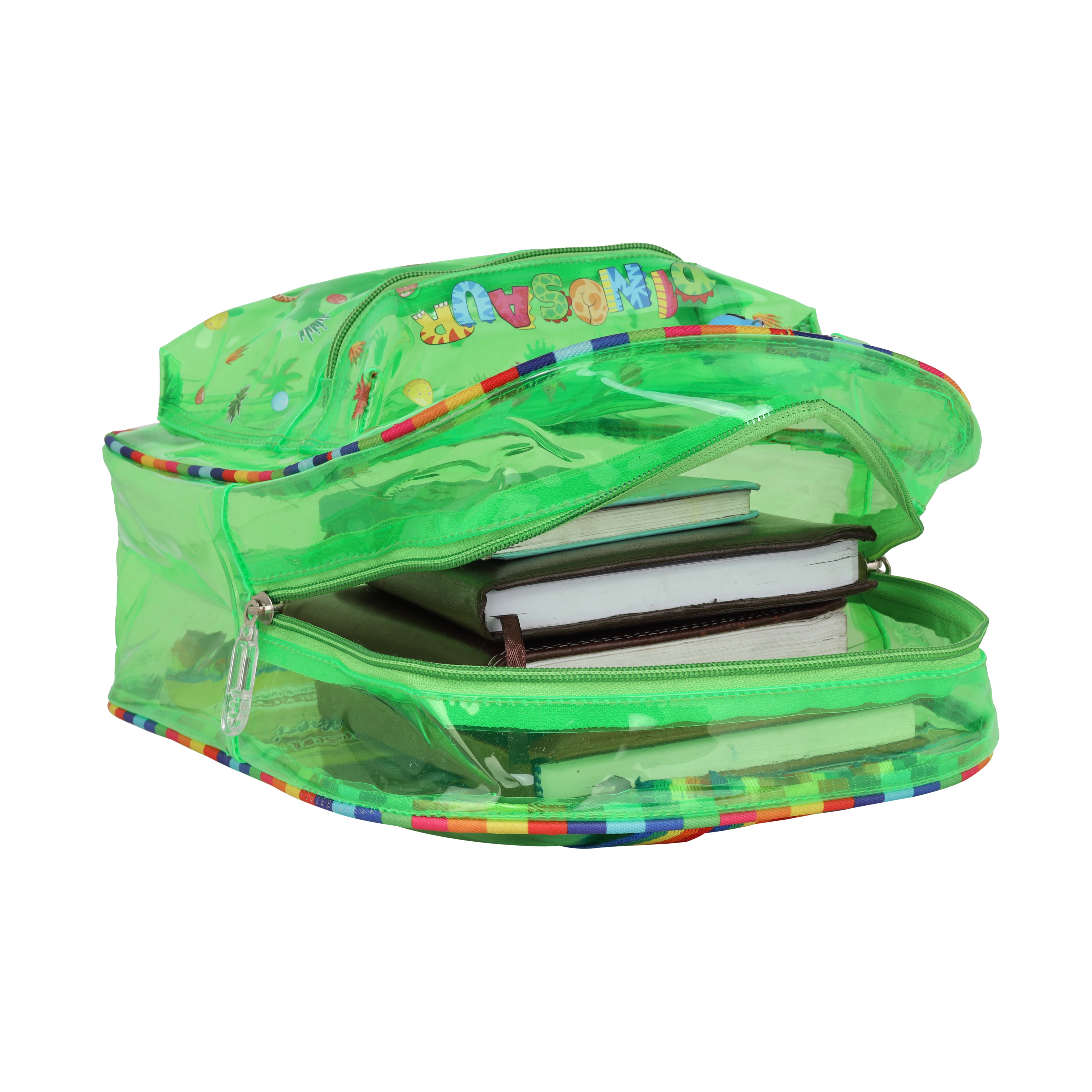 Echo Boomers Green Jelly Backpack Stylish, Lightweight & Durable with Dinosaur Print & “Dinosaur” Text, Transparent Soft Plastic, Adjustable Straps, Sturdy Handle, Premium Zipper & Versatile Design for School, Play & Everyday Adventures.
