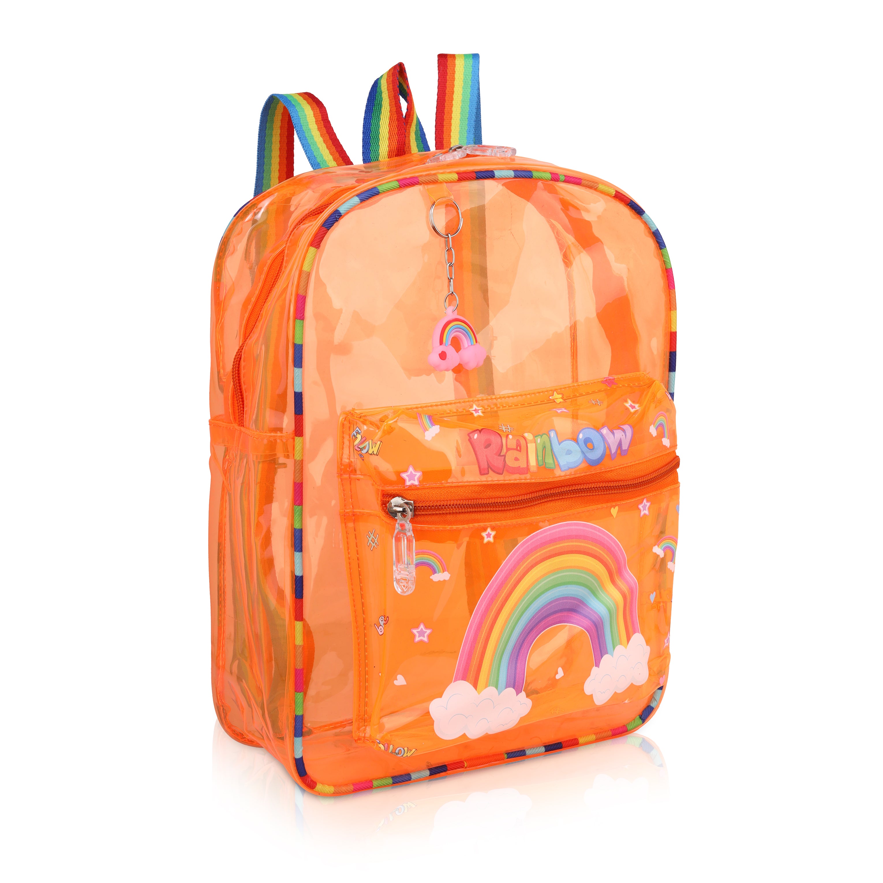 Echo Boomers Orange Jelly Backpack Stylish, Lightweight & Durable with Rainbow Print, Transprint Soft Plastic, Adjustable Straps, Sturdy Handle, Premium Zipper & Versatile Design for School, Play & Everyday Adventures.