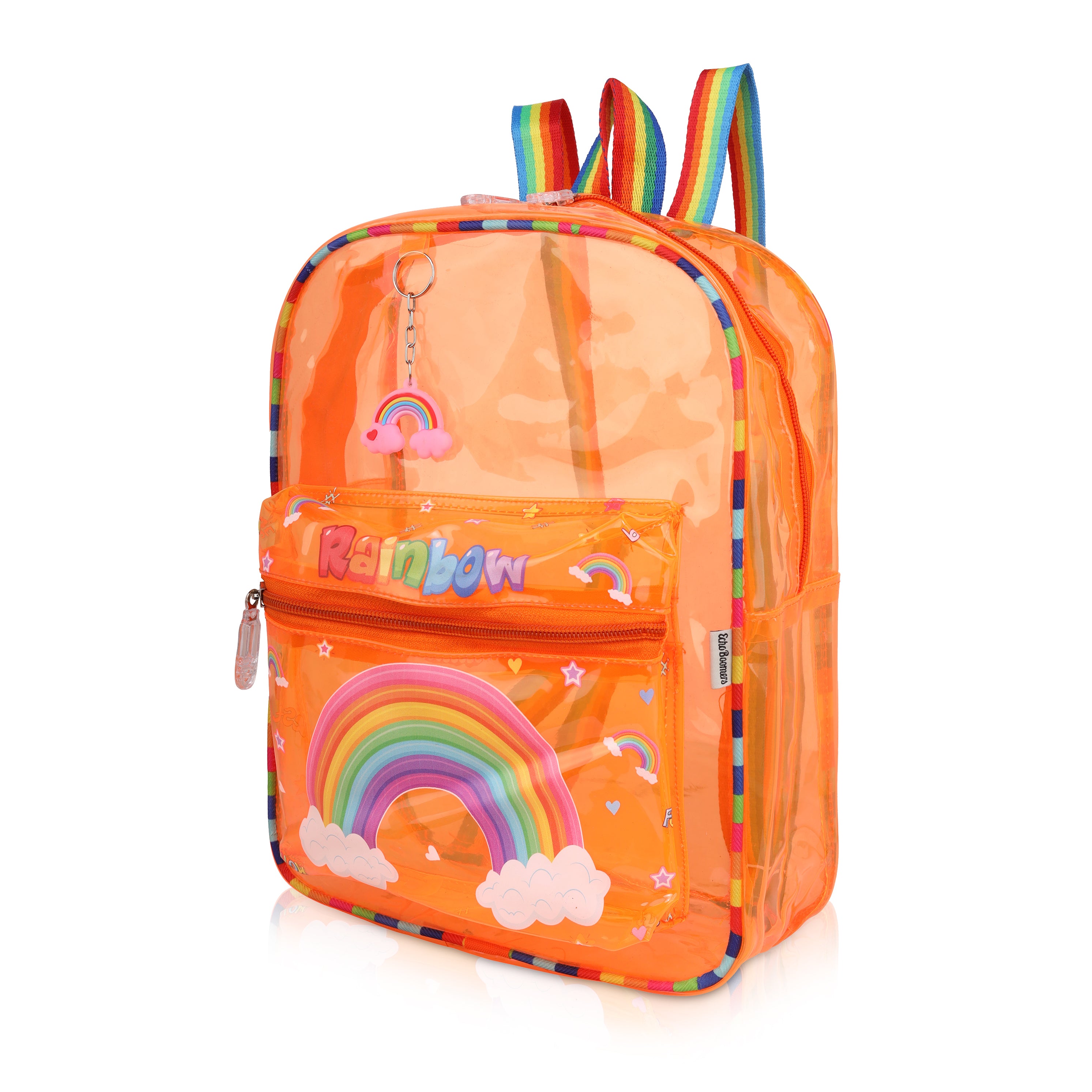 Echo Boomers Orange Jelly Backpack Stylish, Lightweight & Durable with Rainbow Print, Transprint Soft Plastic, Adjustable Straps, Sturdy Handle, Premium Zipper & Versatile Design for School, Play & Everyday Adventures.