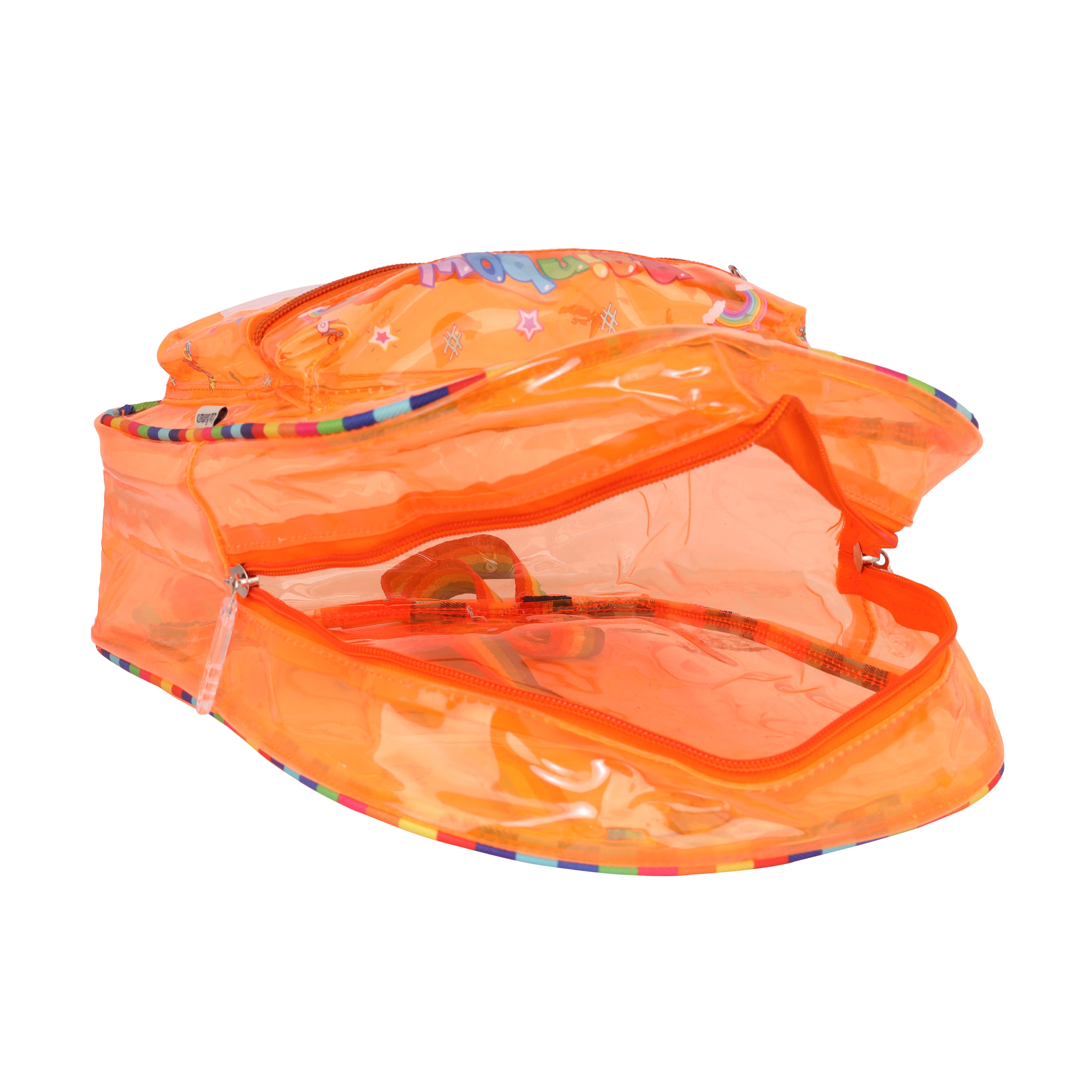 Echo Boomers Orange Jelly Backpack Stylish, Lightweight & Durable with Rainbow Print, Transprint Soft Plastic, Adjustable Straps, Sturdy Handle, Premium Zipper & Versatile Design for School, Play & Everyday Adventures.