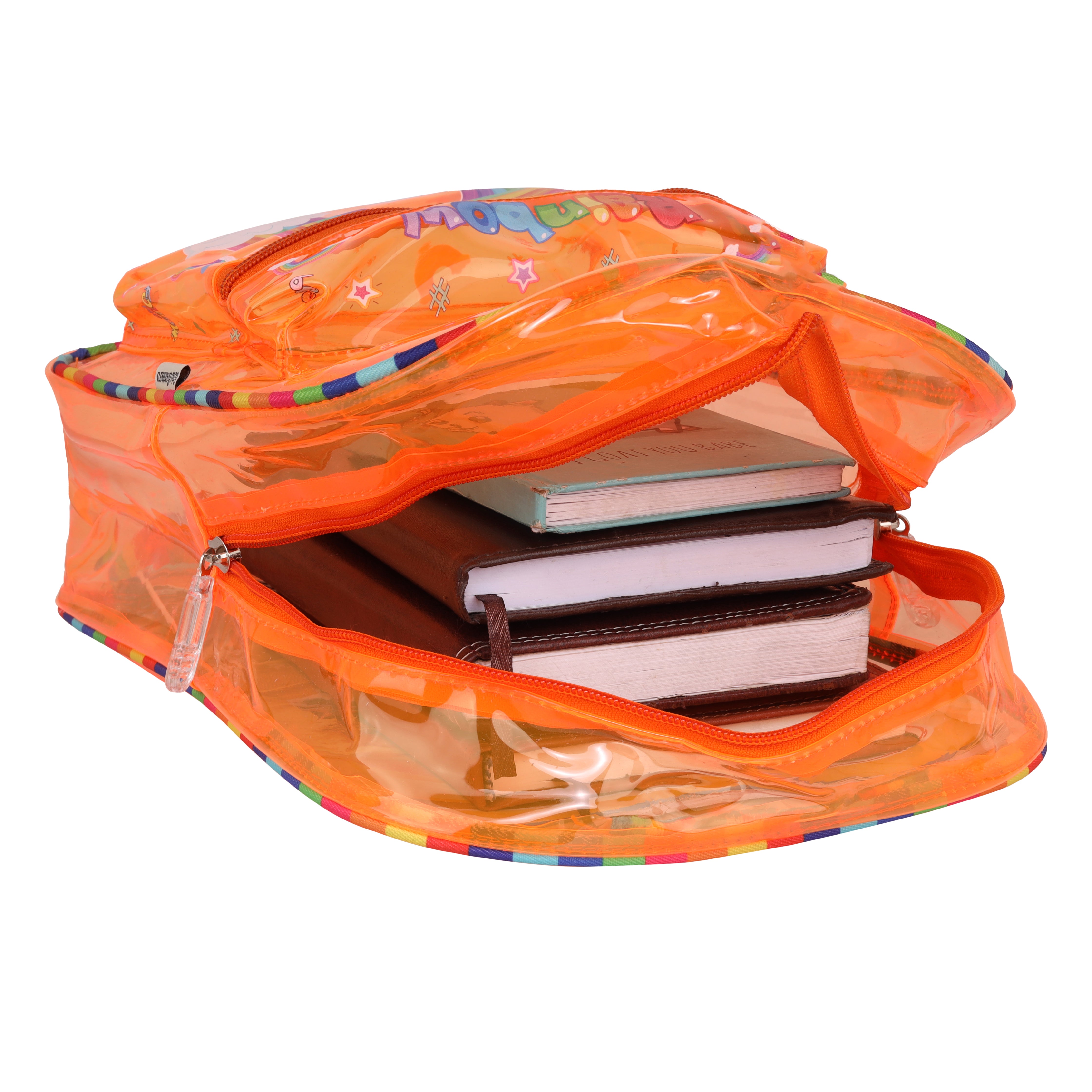 Echo Boomers Orange Jelly Backpack Stylish, Lightweight & Durable with Rainbow Print, Transprint Soft Plastic, Adjustable Straps, Sturdy Handle, Premium Zipper & Versatile Design for School, Play & Everyday Adventures.