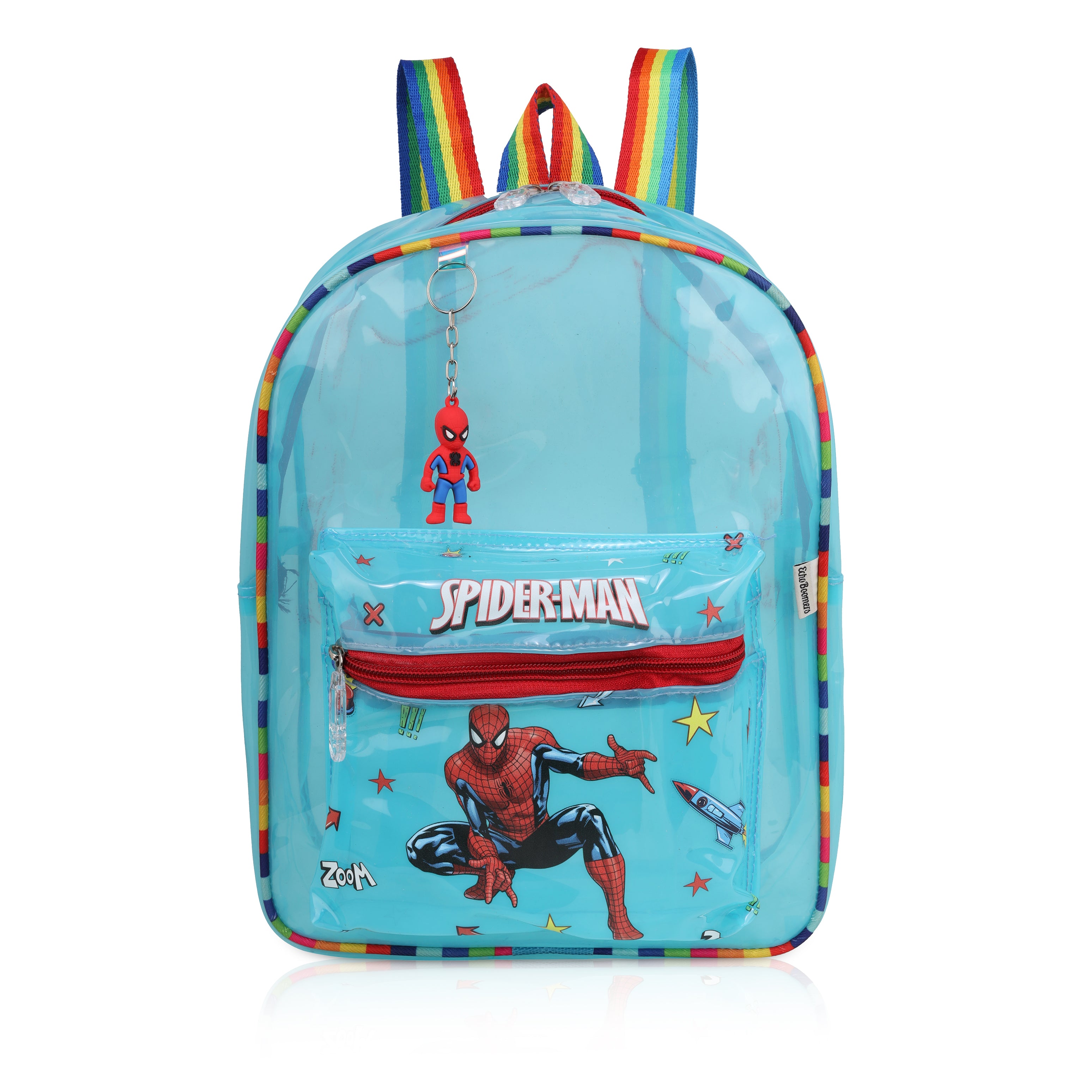 Echo Boomers Blue Jelly Backpack Stylish, Lightweight & Durable with Spiderman Print, Transparent Soft Plastic, Adjustable Straps, Sturdy Handle, Premium Zipper & Versatile Design for School, Play & Everyday Adventures.