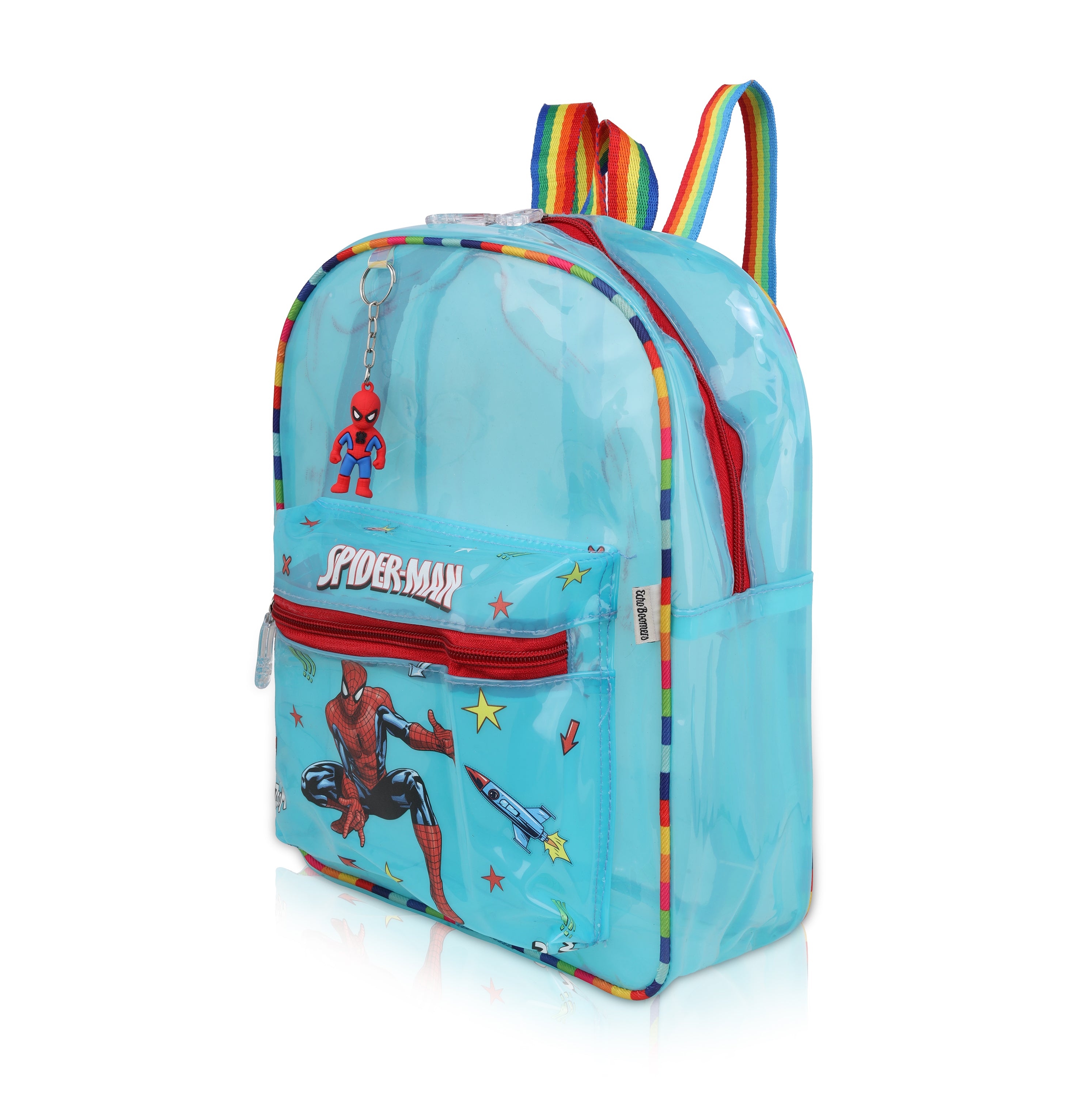 Echo Boomers Blue Jelly Backpack Stylish, Lightweight & Durable with Spiderman Print, Transparent Soft Plastic, Adjustable Straps, Sturdy Handle, Premium Zipper & Versatile Design for School, Play & Everyday Adventures.