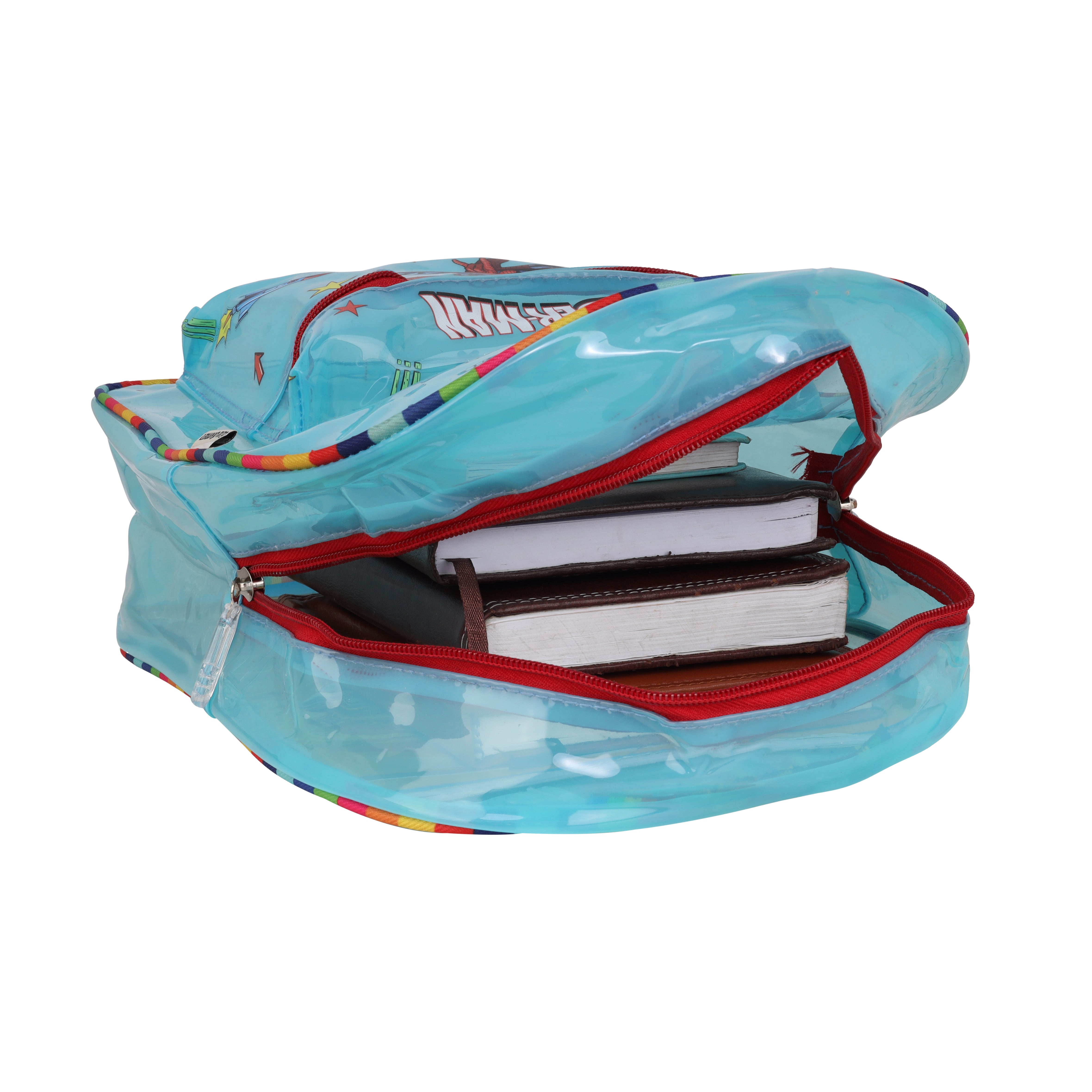 Echo Boomers Blue Jelly Backpack Stylish, Lightweight & Durable with Spiderman Print, Transparent Soft Plastic, Adjustable Straps, Sturdy Handle, Premium Zipper & Versatile Design for School, Play & Everyday Adventures.