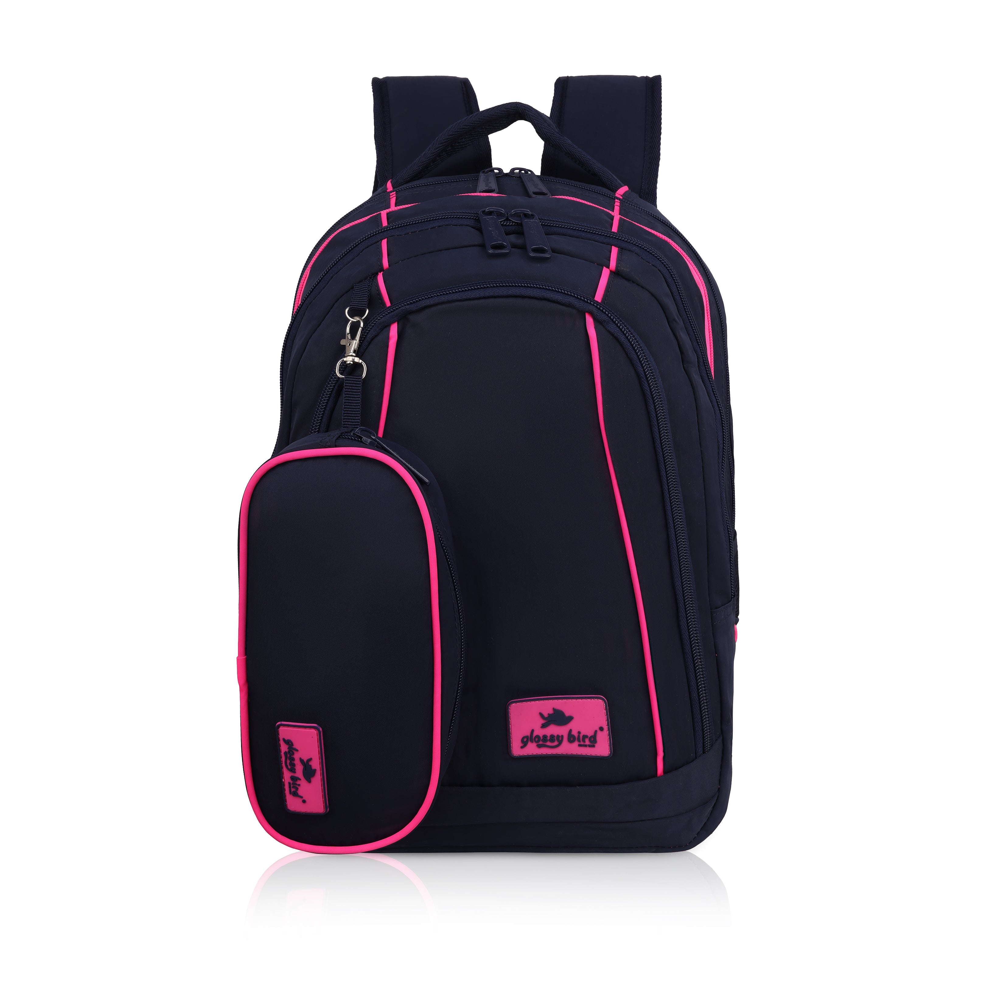 Echo Boomers Glossy Bird Backpack (PINK) – Water-Resistant Unisex Bag with 4 Compartments, Detachable Pouch, Bottle Holder & Padded Straps – School, College, Work & Travel Bag