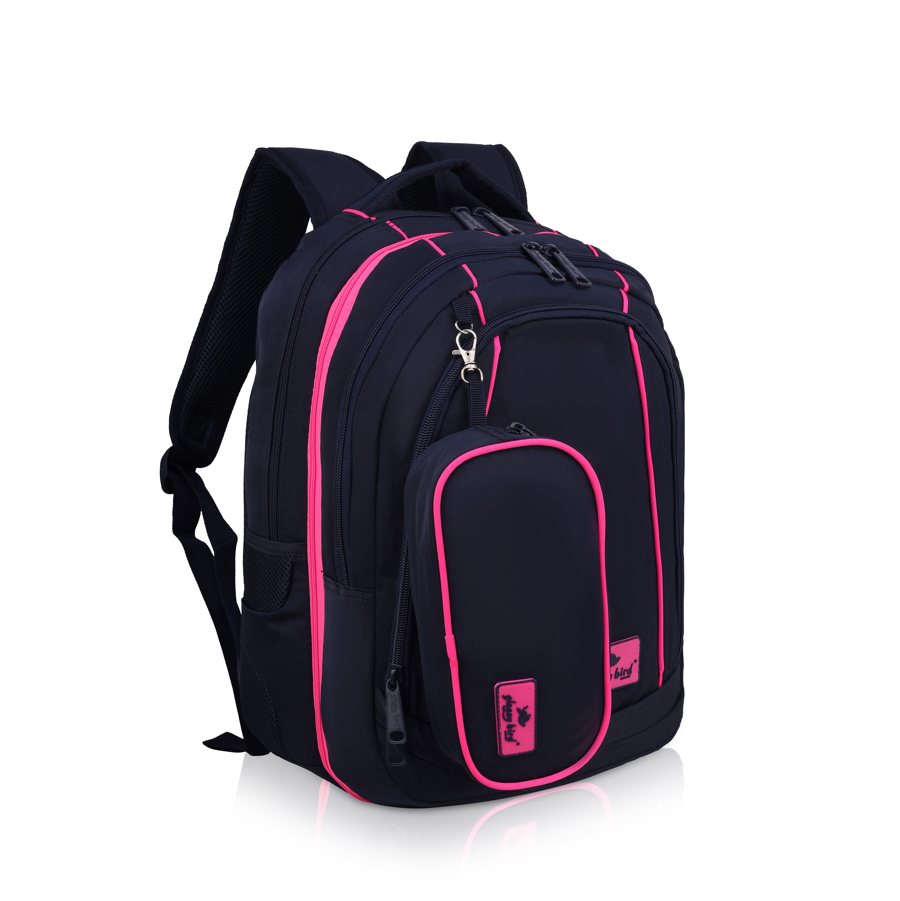 Echo Boomers Glossy Bird Backpack (PINK) – Water-Resistant Unisex Bag with 4 Compartments, Detachable Pouch, Bottle Holder & Padded Straps – School, College, Work & Travel Bag