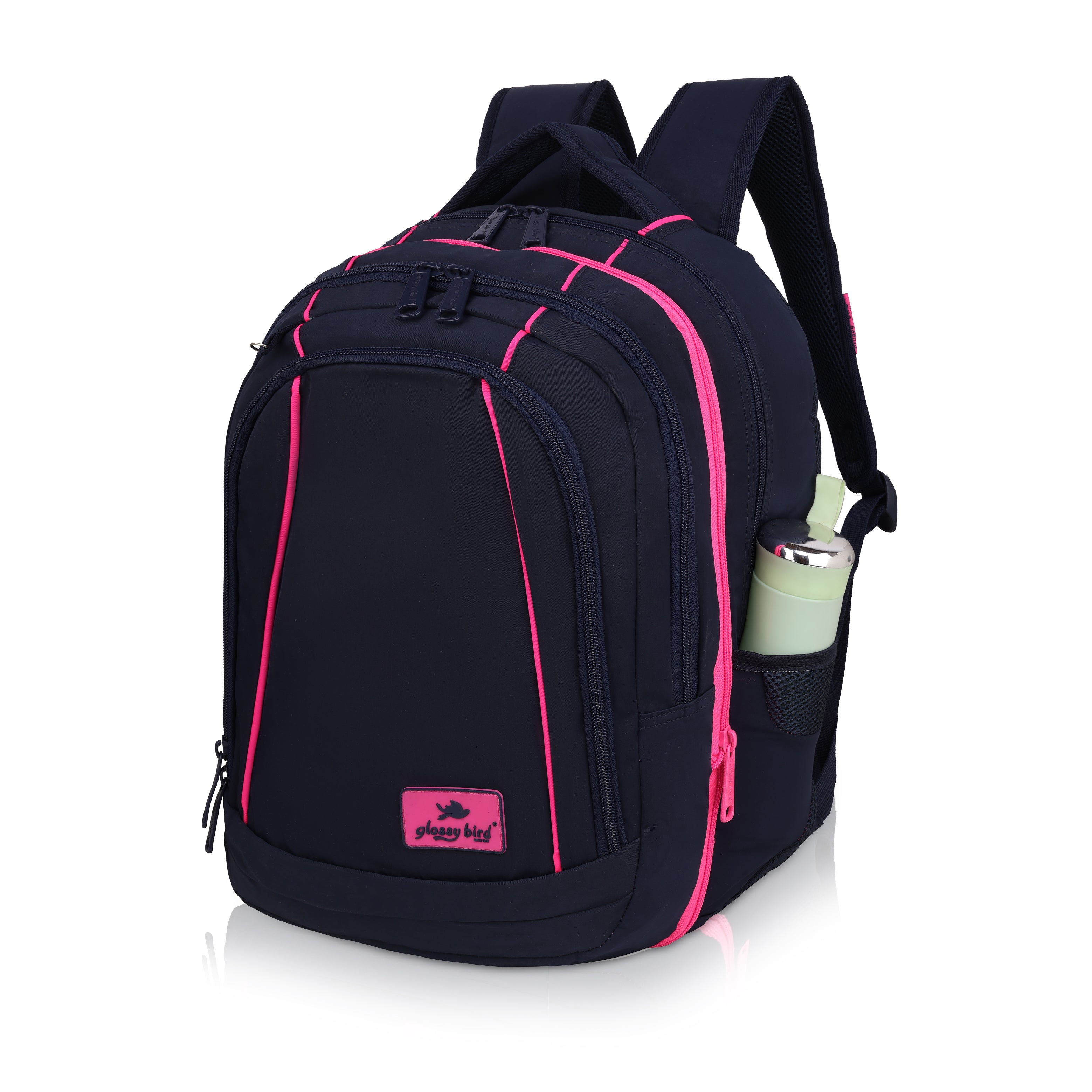 Echo Boomers Glossy Bird Backpack (PINK) – Water-Resistant Unisex Bag with 4 Compartments, Detachable Pouch, Bottle Holder & Padded Straps – School, College, Work & Travel Bag