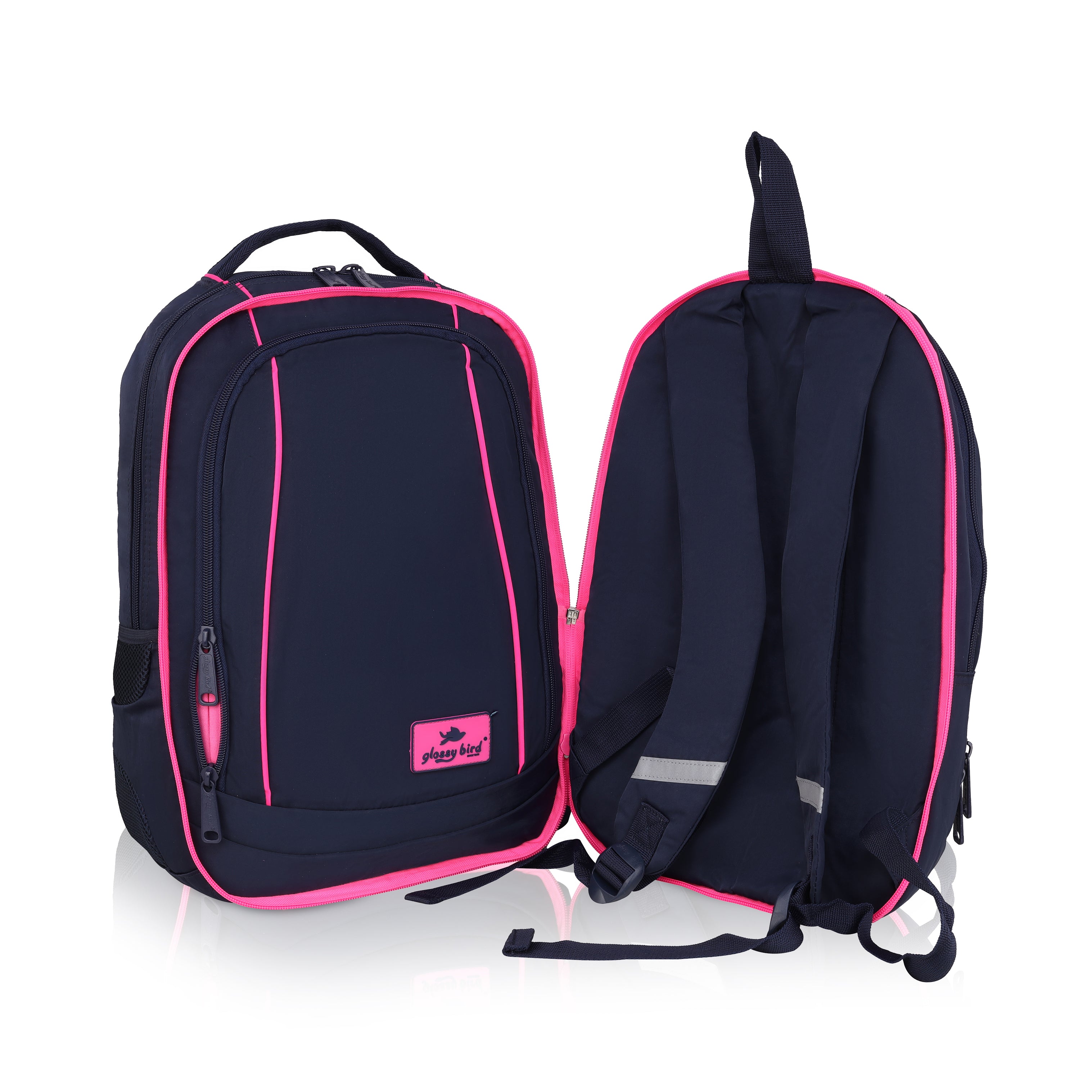 Echo Boomers Glossy Bird Backpack (PINK) – Water-Resistant Unisex Bag with 4 Compartments, Detachable Pouch, Bottle Holder & Padded Straps – School, College, Work & Travel Bag