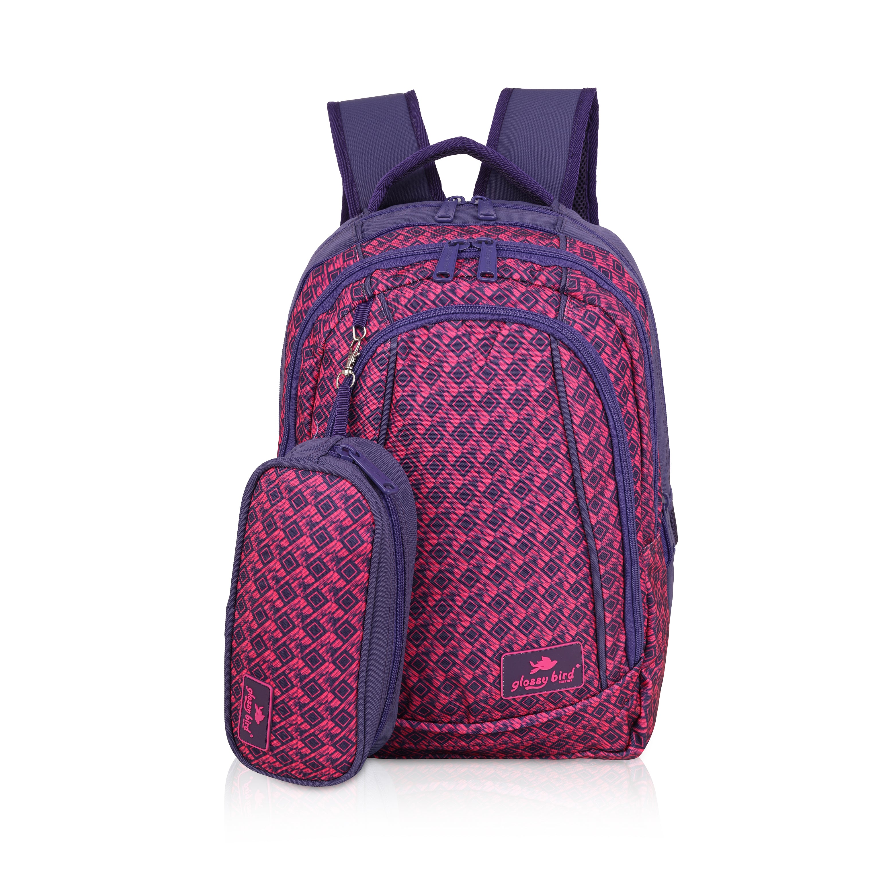 Echo Boomers Glossy Bird Unisex Backpack for School, Office & Travel – Water-Resistant, Lightweight Bag with 4 Compartments, Bottle Holder, Detachable Pouch & Ergonomic Straps (Purple)