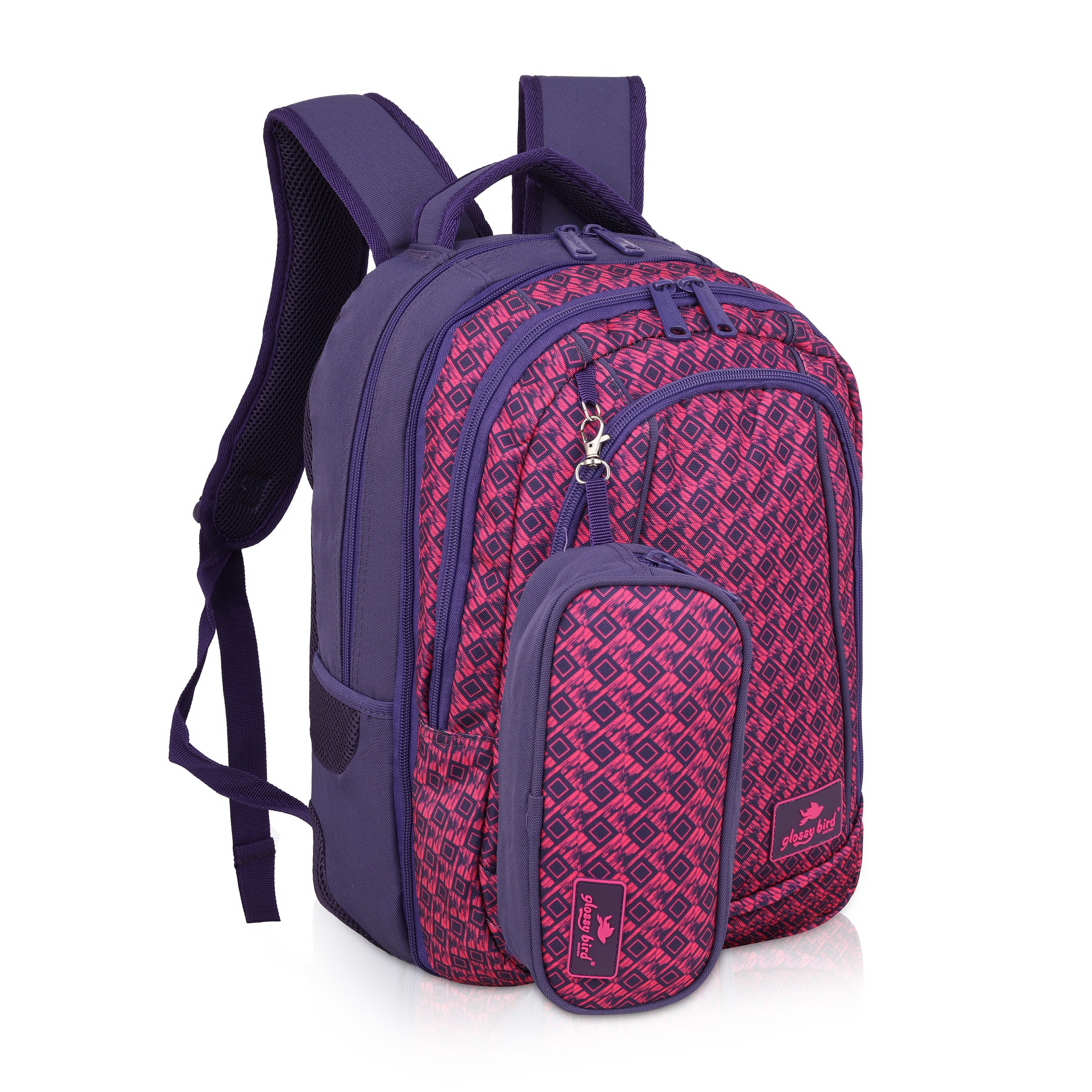 Echo Boomers Glossy Bird Unisex Backpack for School, Office & Travel – Water-Resistant, Lightweight Bag with 4 Compartments, Bottle Holder, Detachable Pouch & Ergonomic Straps (Purple)