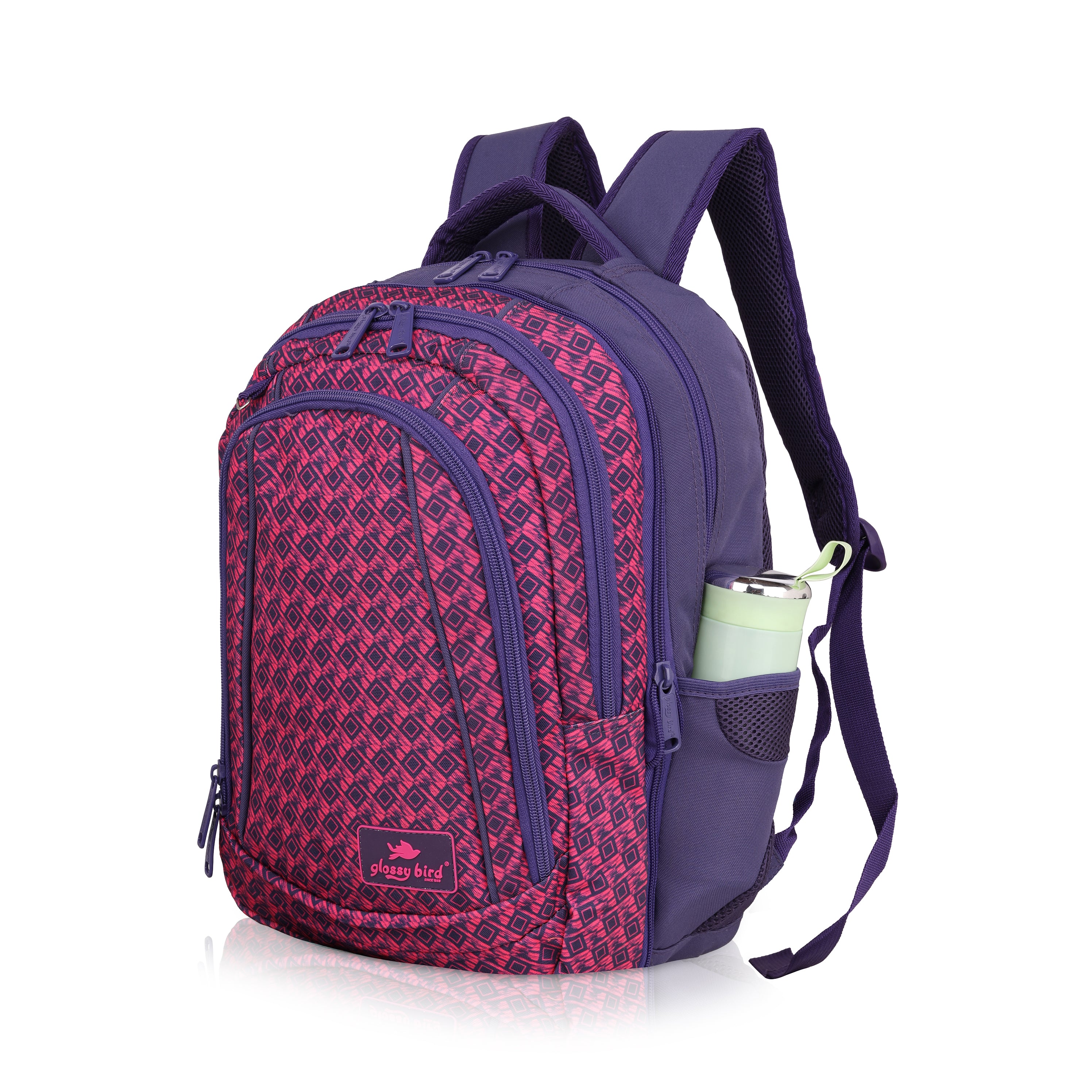 Echo Boomers Glossy Bird Unisex Backpack for School, Office & Travel – Water-Resistant, Lightweight Bag with 4 Compartments, Bottle Holder, Detachable Pouch & Ergonomic Straps (Purple)