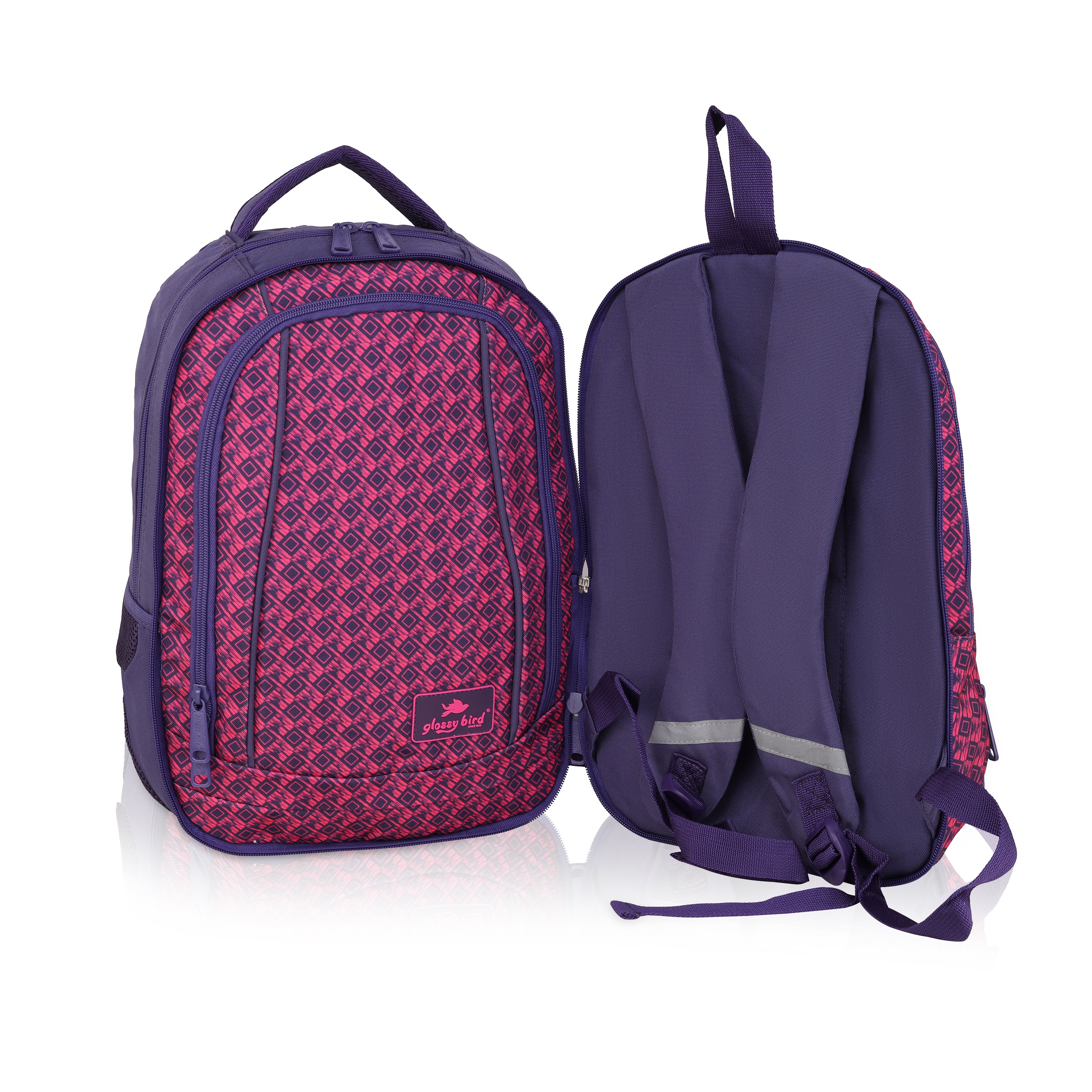 Echo Boomers Glossy Bird Unisex Backpack for School, Office & Travel – Water-Resistant, Lightweight Bag with 4 Compartments, Bottle Holder, Detachable Pouch & Ergonomic Straps (Purple)