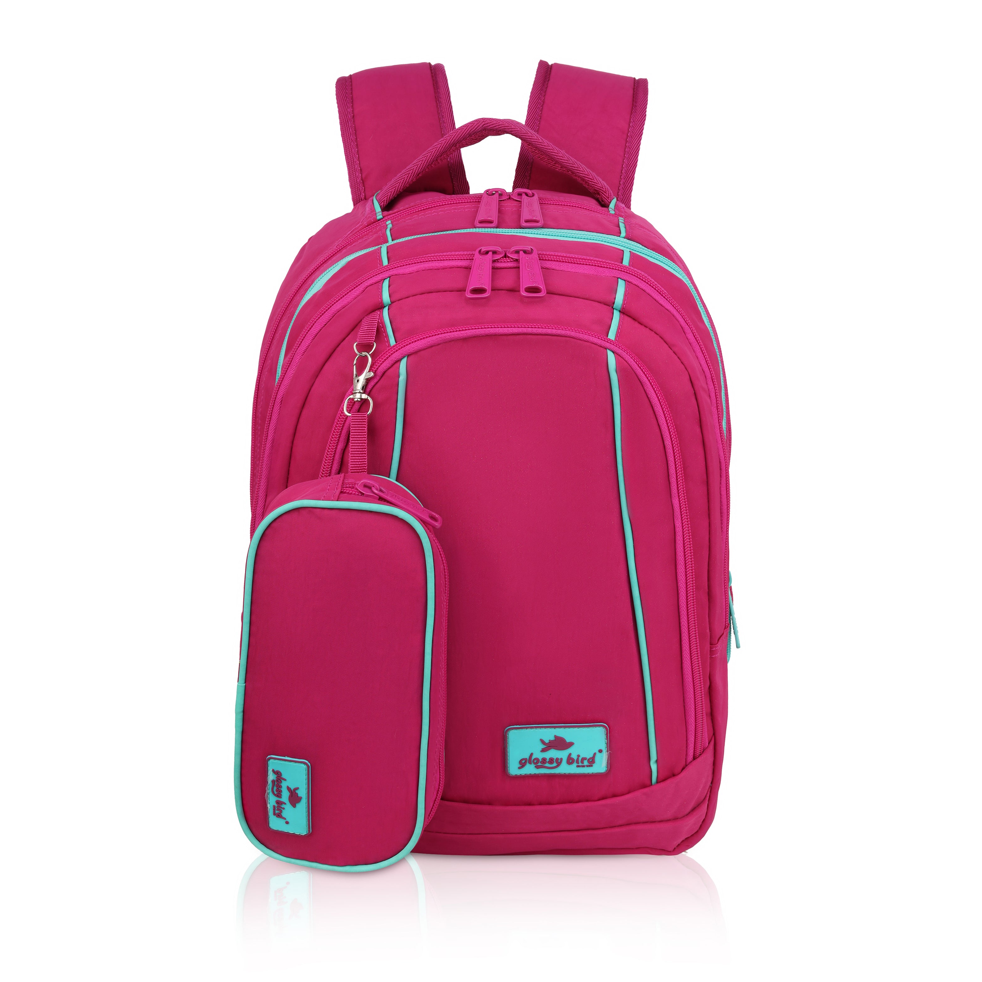 Echo Boomers Glossy Bird Backpack (PINK) – Water-Resistant Unisex Bag with 4 Compartments, Detachable Pouch, Bottle Holder & Padded Straps – School, College, Work & Travel Bag
