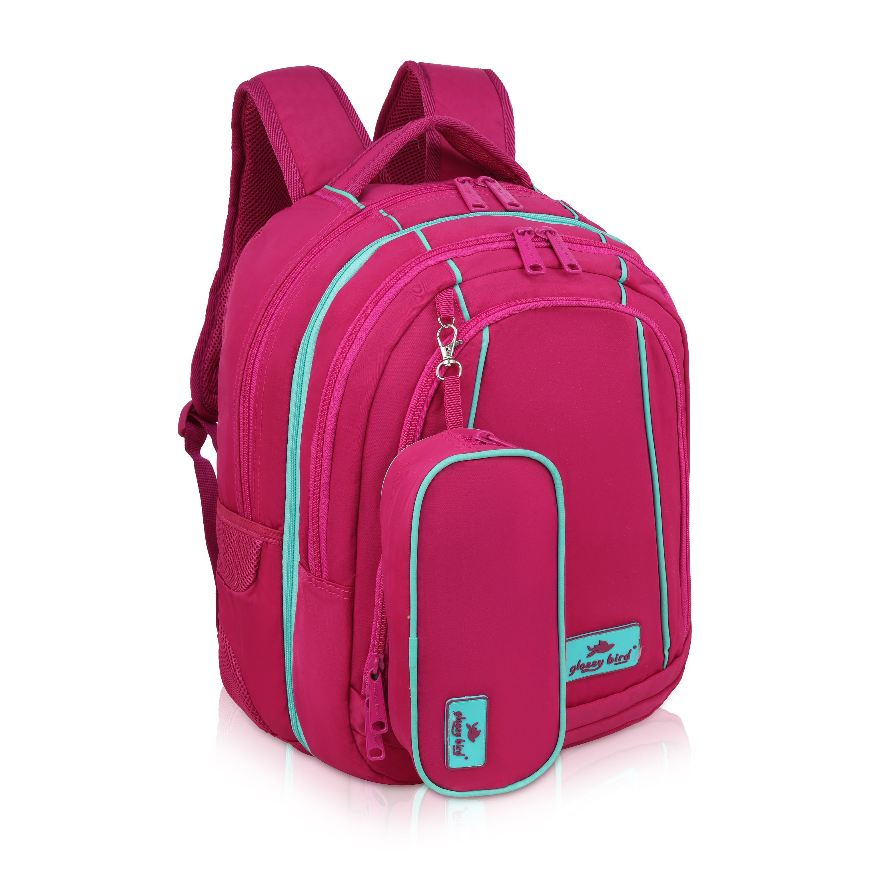 Echo Boomers Glossy Bird Backpack (PINK) – Water-Resistant Unisex Bag with 4 Compartments, Detachable Pouch, Bottle Holder & Padded Straps – School, College, Work & Travel Bag