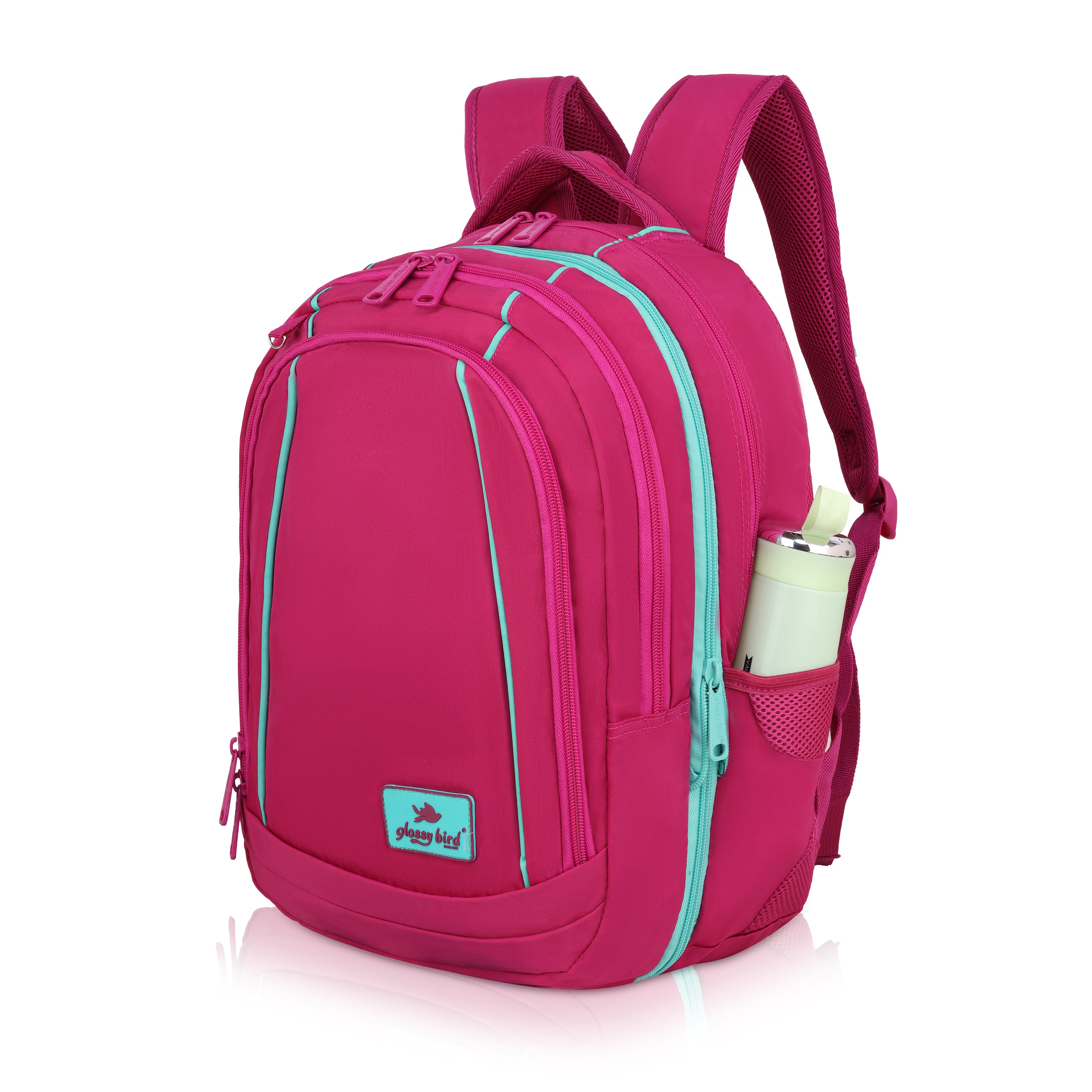 Echo Boomers Glossy Bird Backpack (PINK) – Water-Resistant Unisex Bag with 4 Compartments, Detachable Pouch, Bottle Holder & Padded Straps – School, College, Work & Travel Bag