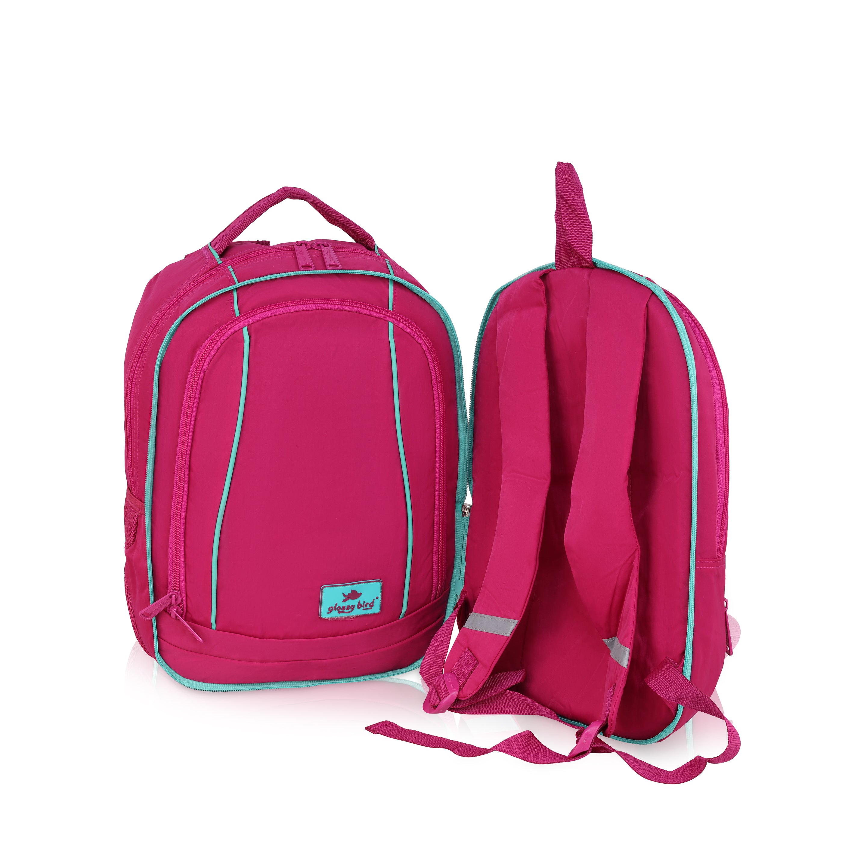 Echo Boomers Glossy Bird Backpack (PINK) – Water-Resistant Unisex Bag with 4 Compartments, Detachable Pouch, Bottle Holder & Padded Straps – School, College, Work & Travel Bag