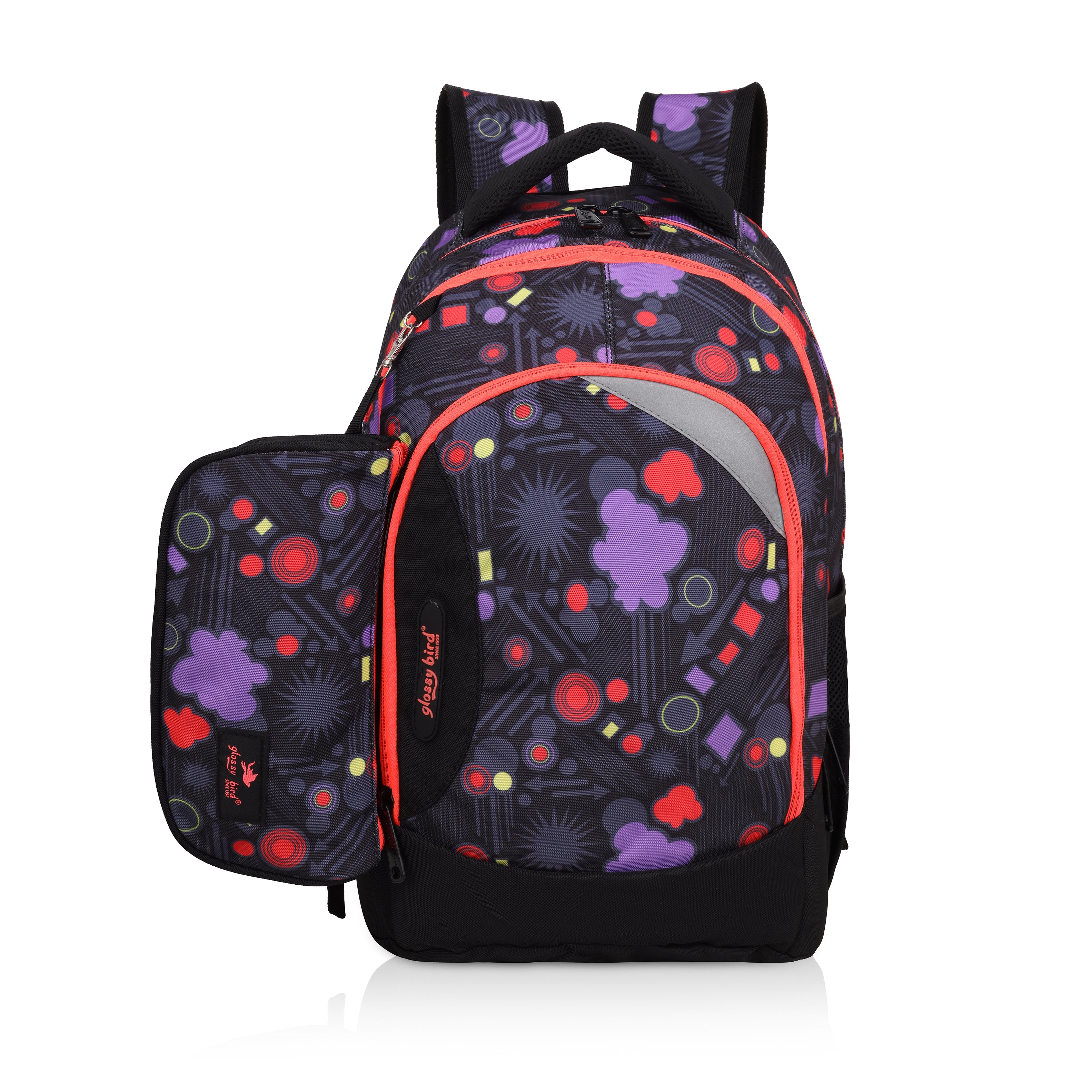 Echo Boomers Glossy Bird Backpack (BLACK) – Lightweight Water-Resistant School Bag for Girls & Boys with Detachable Pouch & Bottle Holder – Stylish Multi-Pocket Travel Backpack