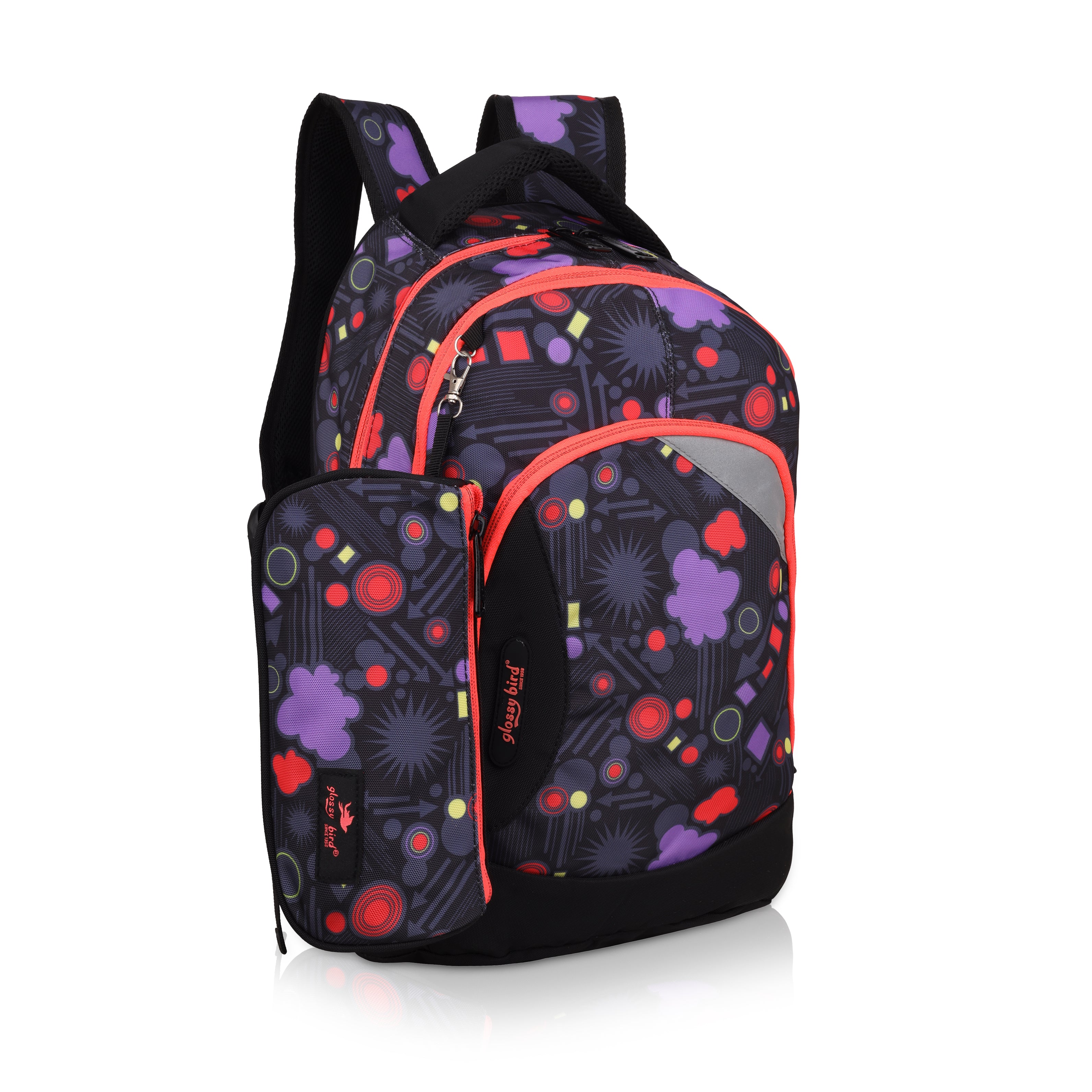 Echo Boomers Glossy Bird Backpack (BLACK) – Lightweight Water-Resistant School Bag for Girls & Boys with Detachable Pouch & Bottle Holder – Stylish Multi-Pocket Travel Backpack