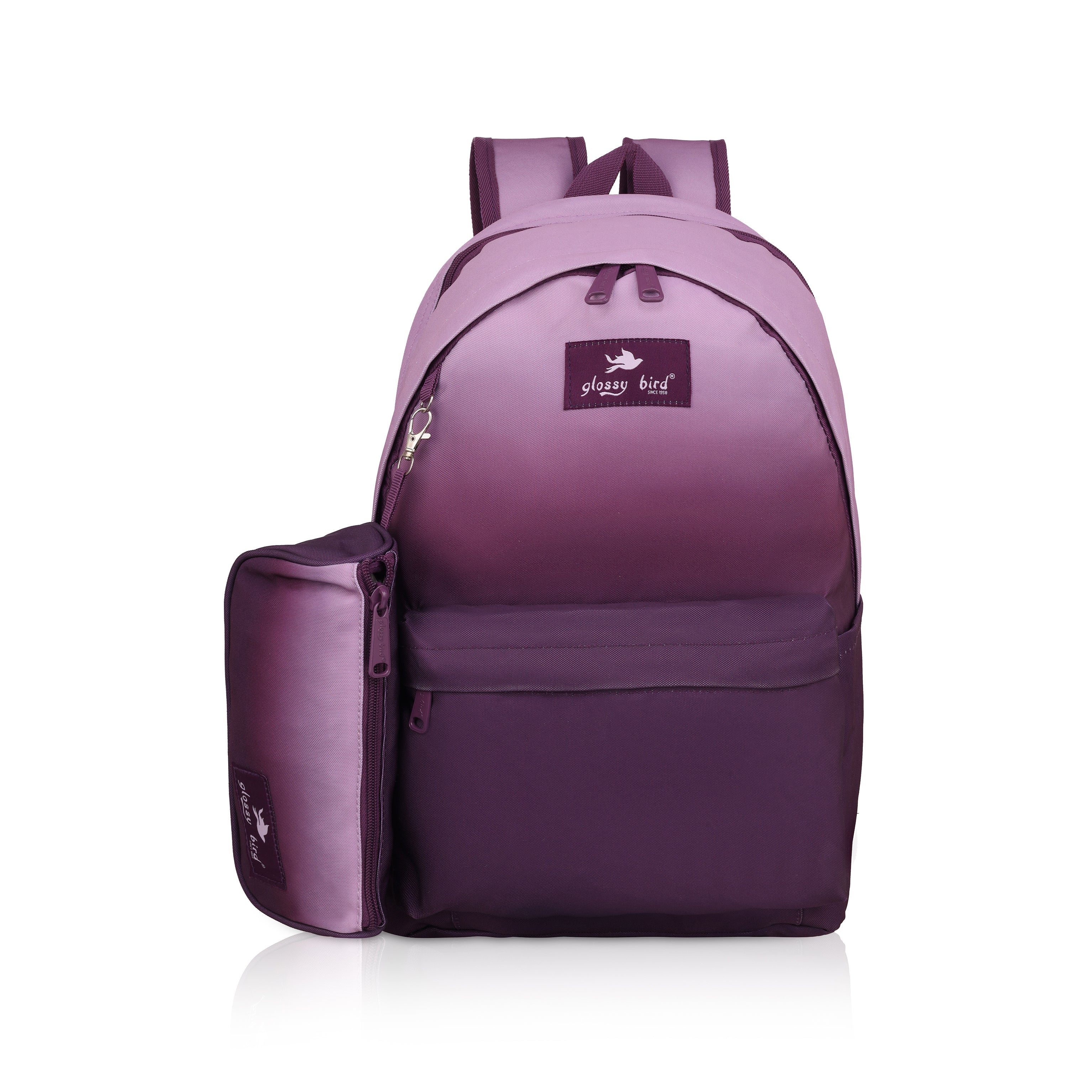 Echo Boomers Glossy Bird Backpack with Pouch – Casual Backpack with Compartments, Front Pocket, Bottle Holder – Ideal for School, College, Travel – Boys, Girls, Men, Women (Pink)