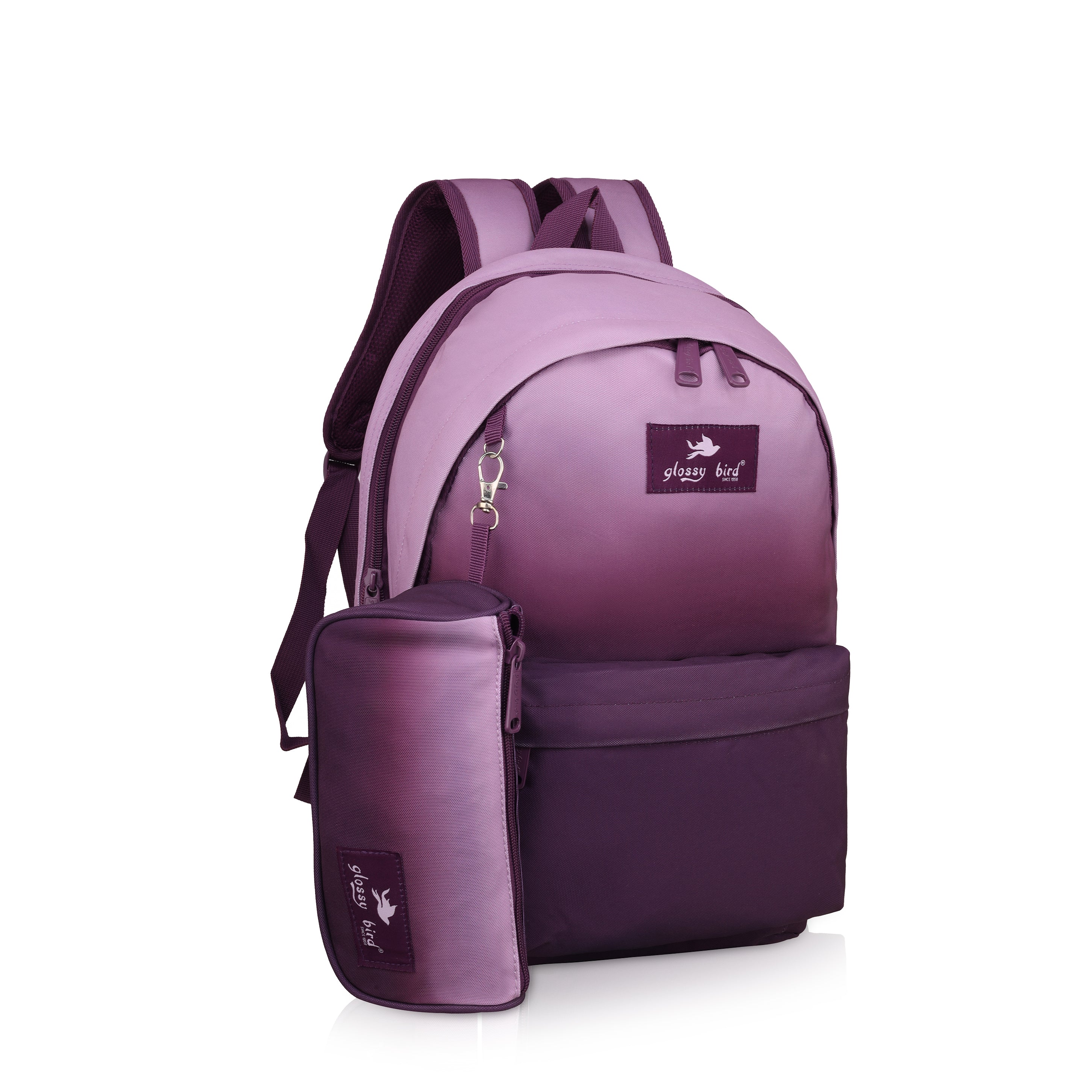 Echo Boomers Glossy Bird Backpack with Pouch – Casual Backpack with Compartments, Front Pocket, Bottle Holder – Ideal for School, College, Travel – Boys, Girls, Men, Women (Pink)