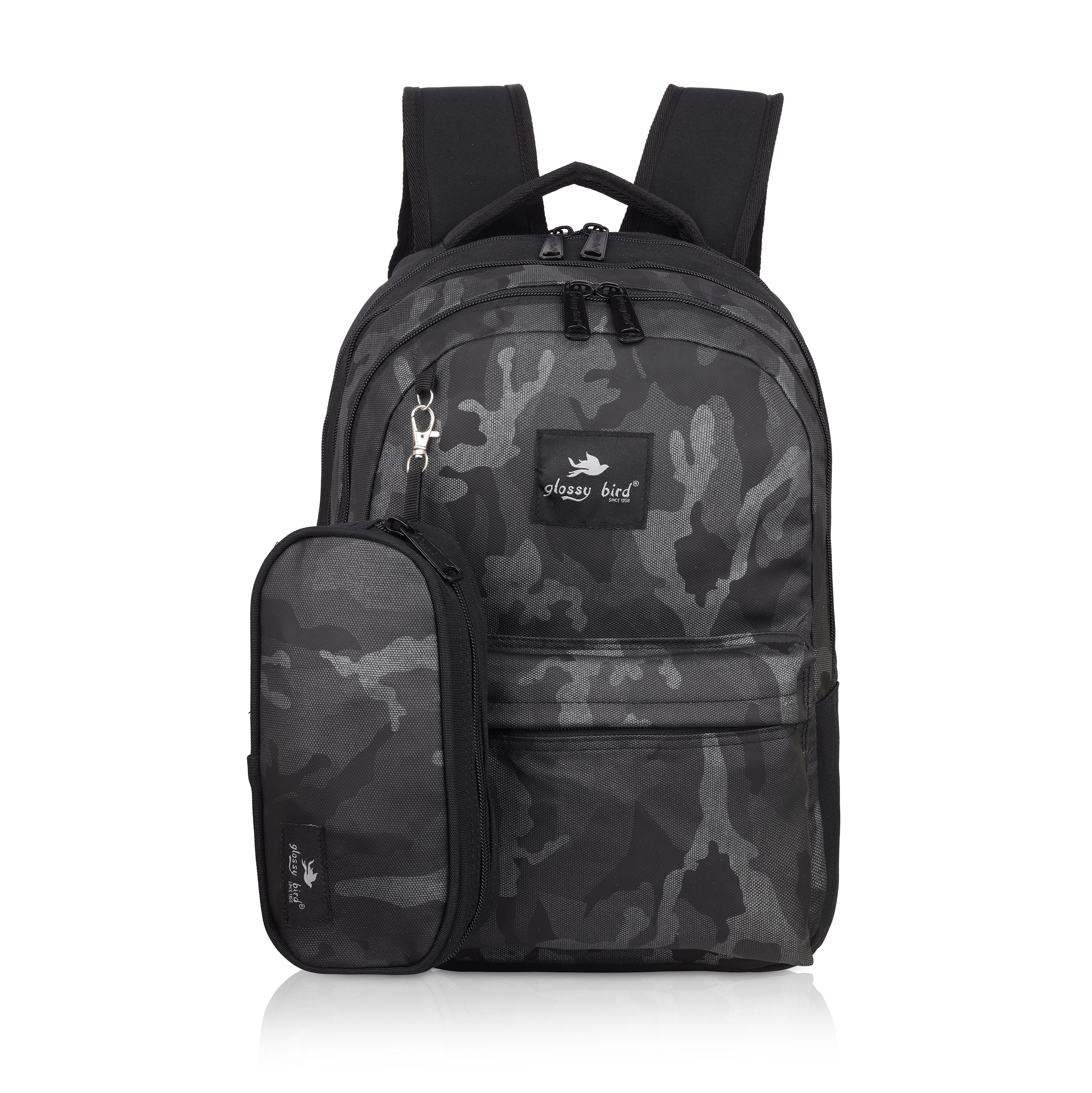 Echo Boomers Glossy Bird Backpack – Water-Resistant Unisex Bag with 4 Compartments, Bottle Holder, Detachable Pouch & Padded Straps – Travel & School Backpack (SKY)