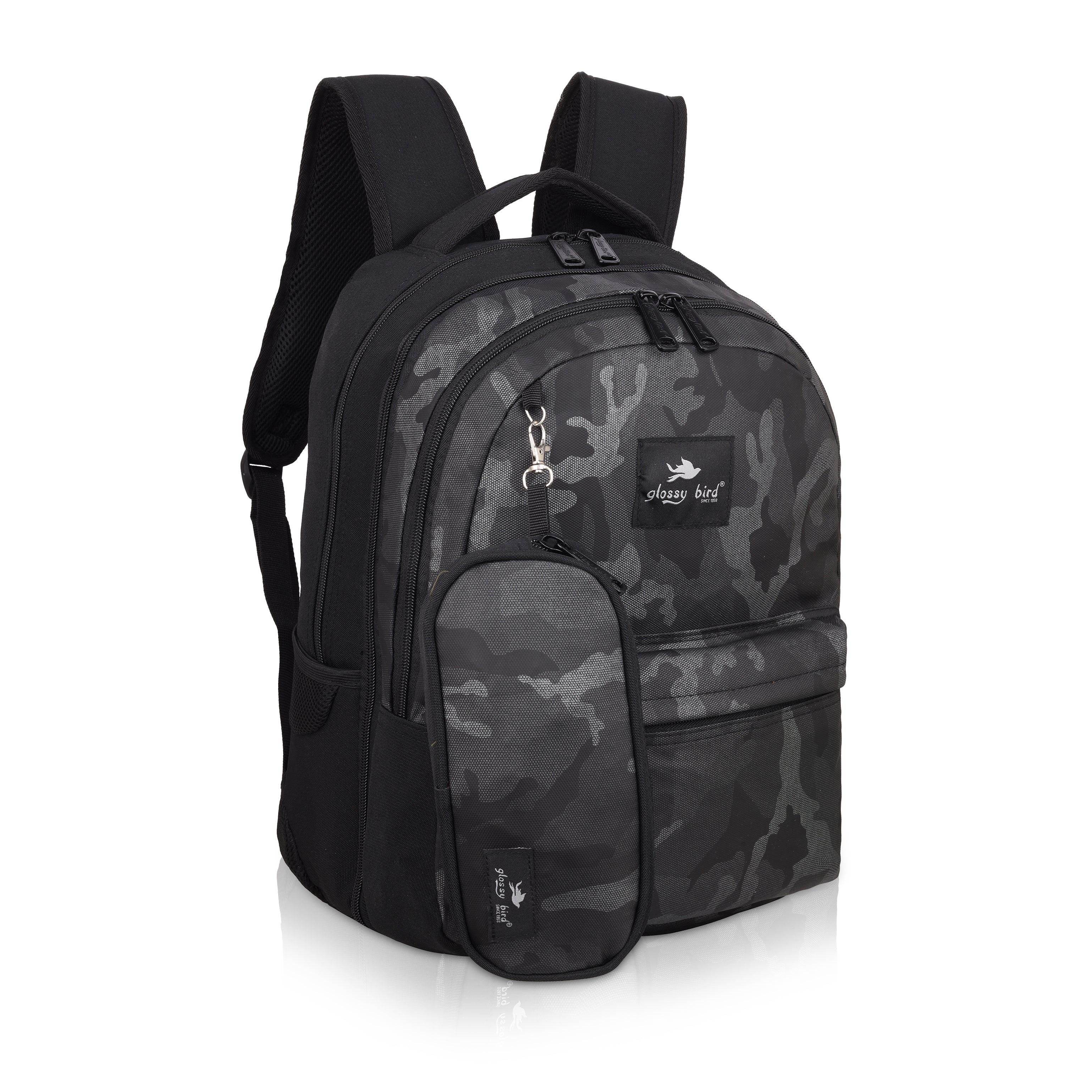 Echo Boomers Glossy Bird Backpack – Water-Resistant Unisex Bag with 4 Compartments, Bottle Holder, Detachable Pouch & Padded Straps – Travel & School Backpack (SKY)