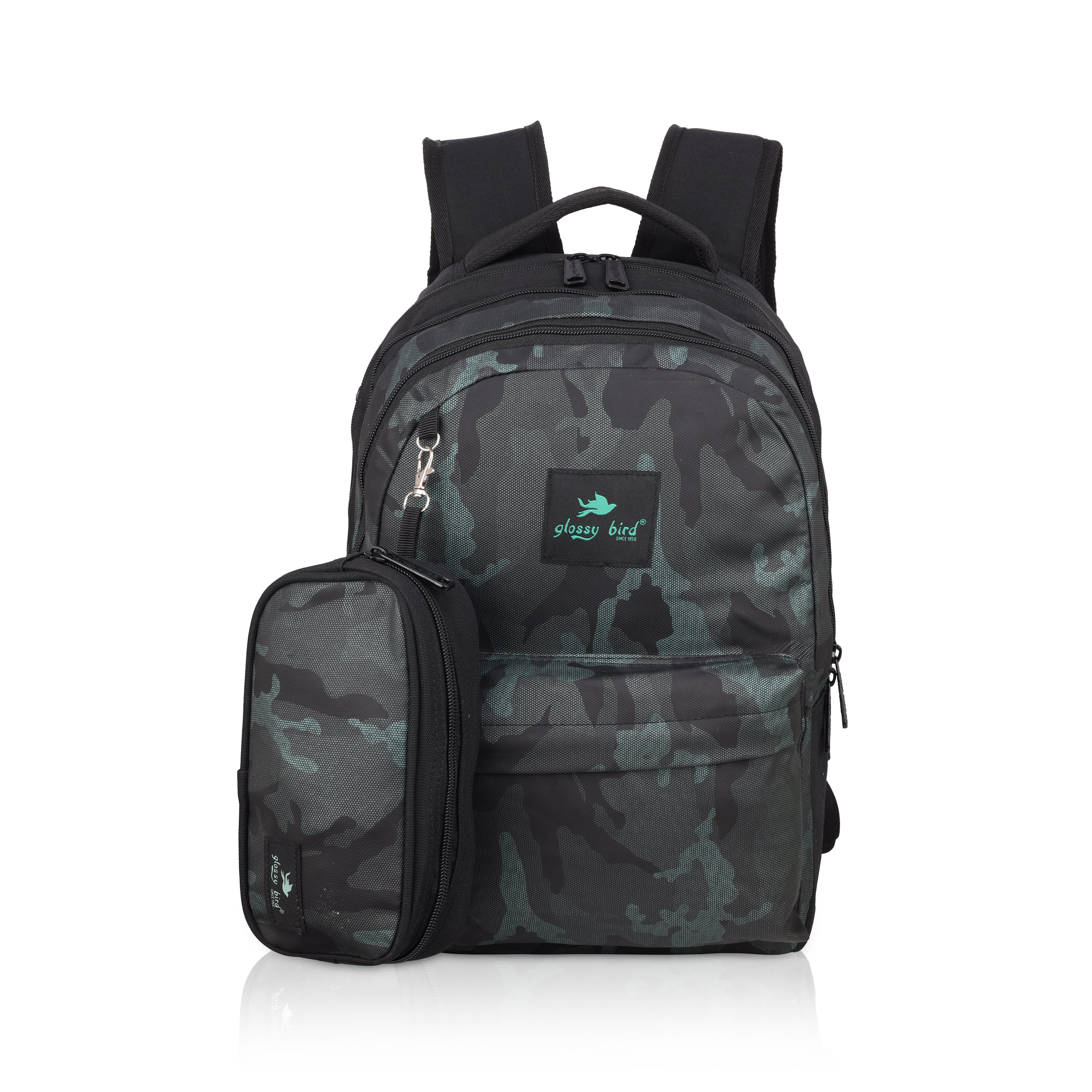 Echo Boomers Glossy Bird Backpack – Water-Resistant Unisex Bag with 4 Compartments, Bottle Holder, Detachable Pouch & Padded Straps – Travel & School Backpack (SKY)