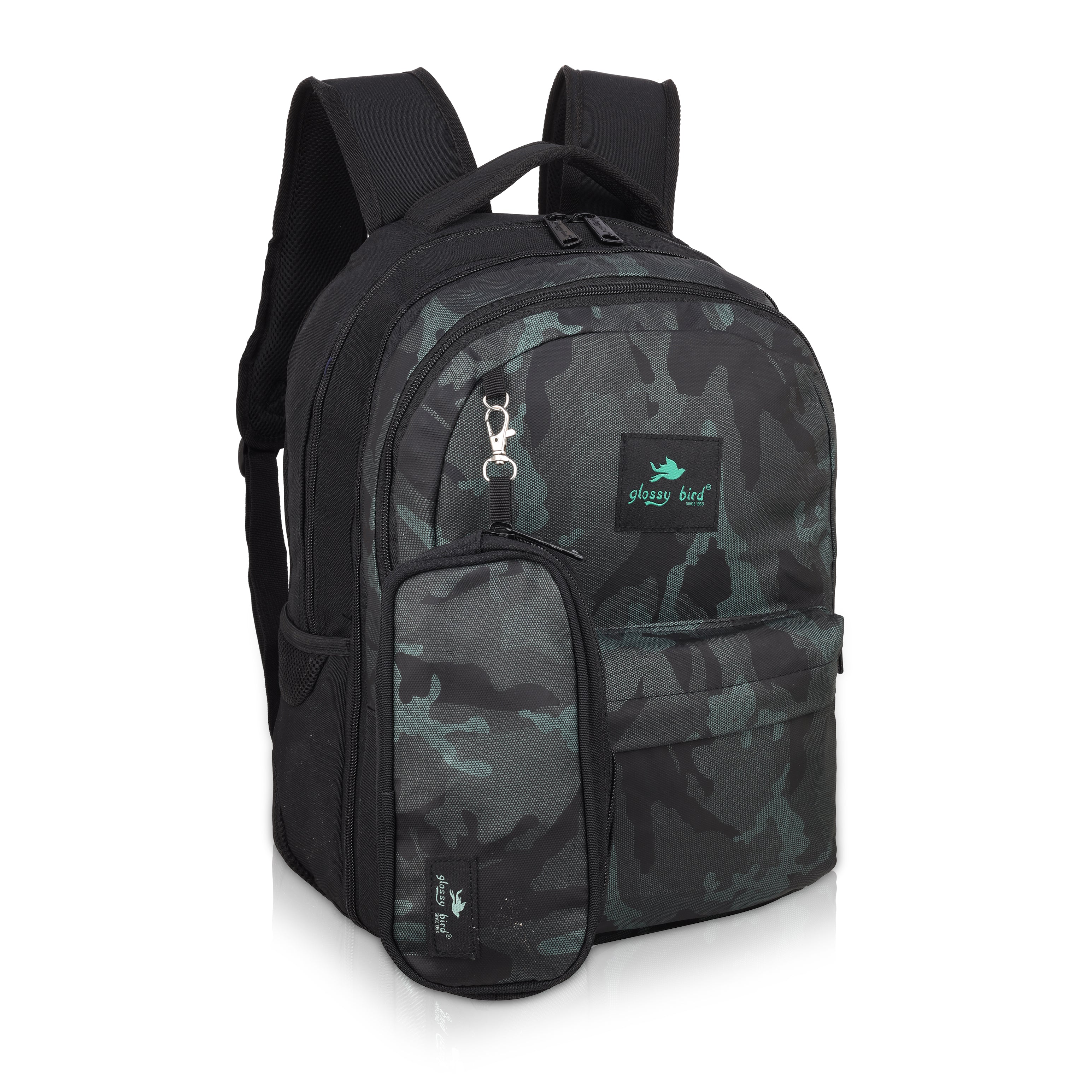 Echo Boomers Glossy Bird Backpack – Water-Resistant Unisex Bag with 4 Compartments, Bottle Holder, Detachable Pouch & Padded Straps – Travel & School Backpack (SKY)
