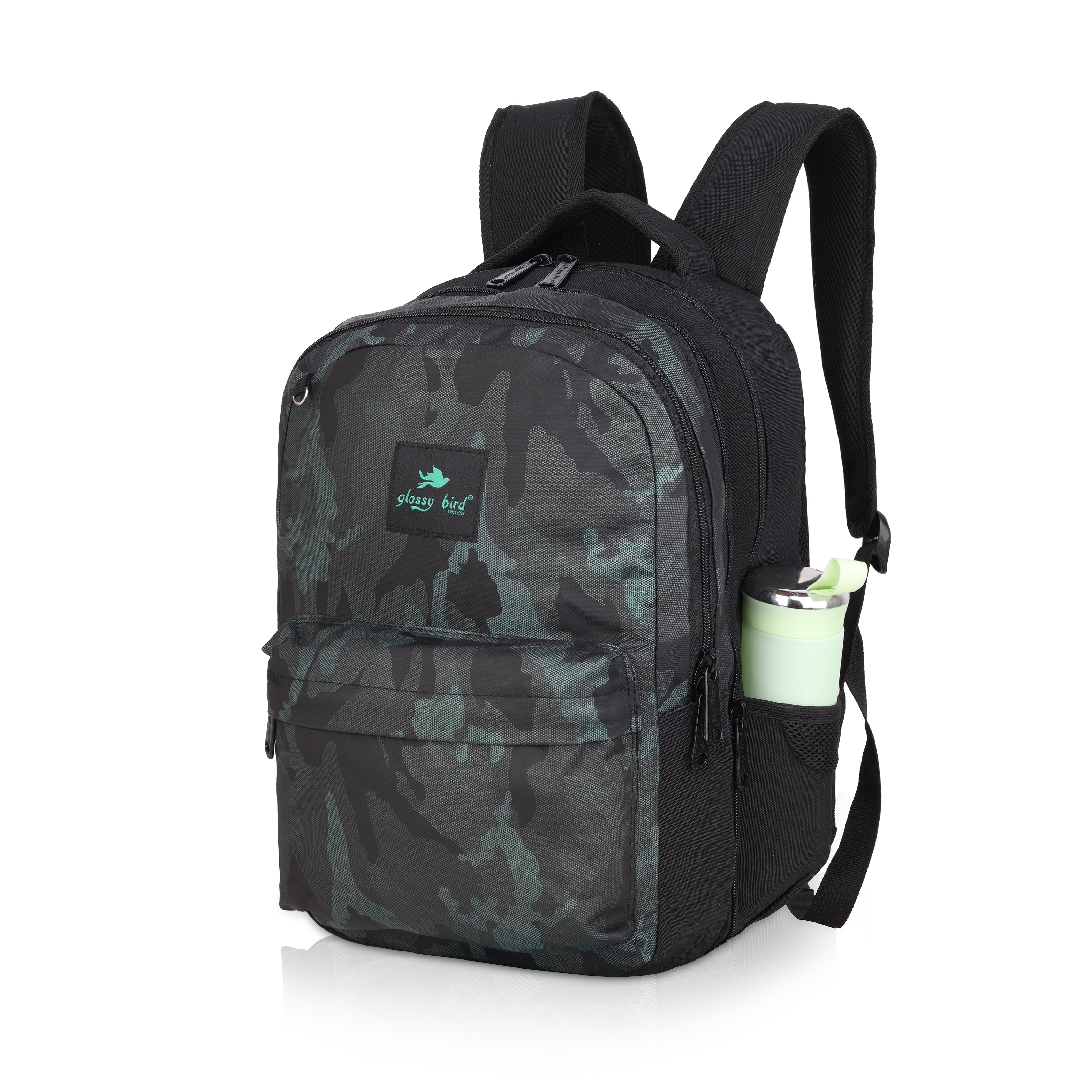 Echo Boomers Glossy Bird Backpack – Water-Resistant Unisex Bag with 4 Compartments, Bottle Holder, Detachable Pouch & Padded Straps – Travel & School Backpack (SKY)