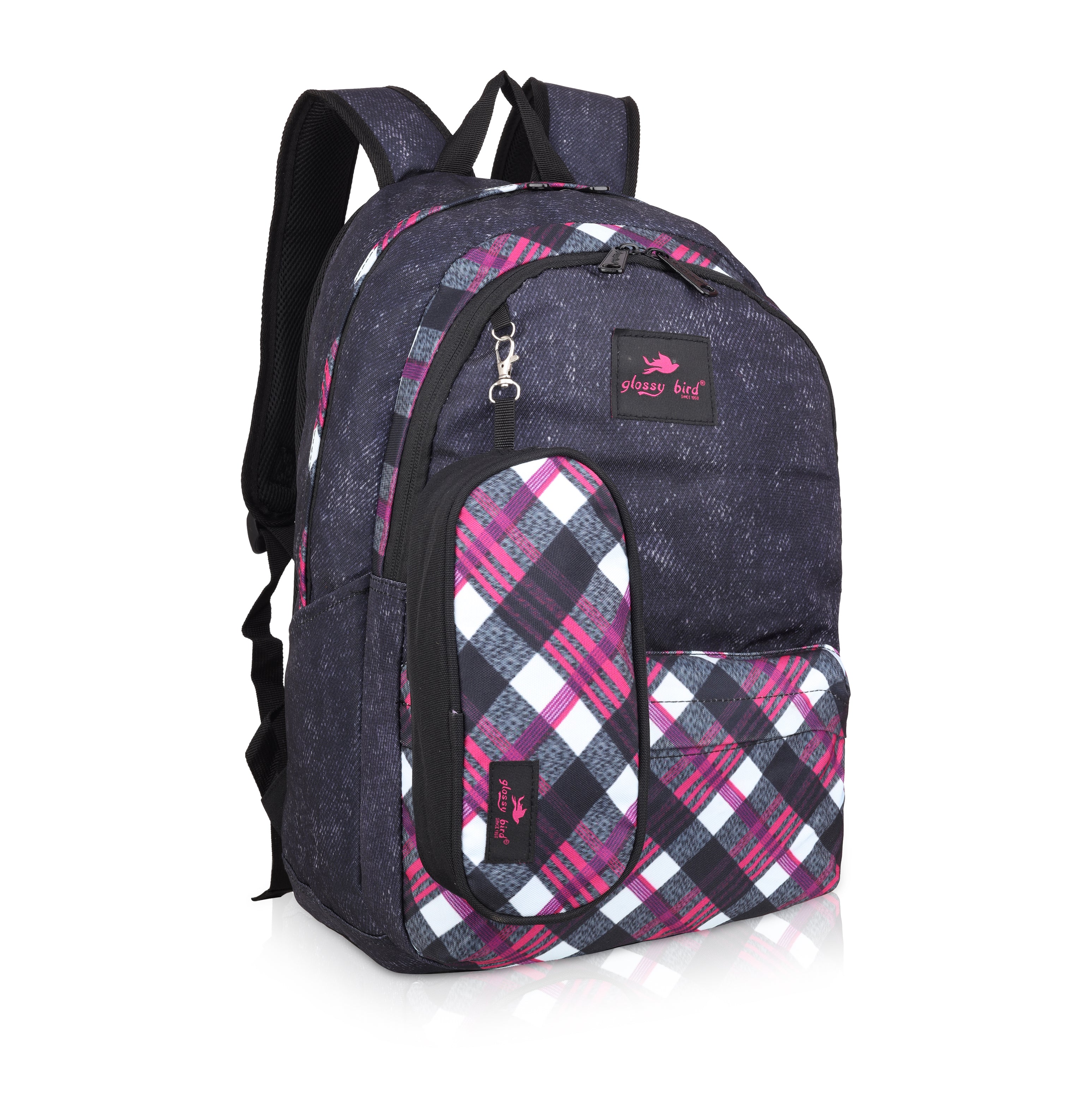 Echo Boomers Glossy Bird 21L Unisex Backpack with Pouch – Stylish Check Design, 3 Compartments, Front Pocket, Bottle Holder – Water-Resistant School, Travel, Office Bag (Yellow