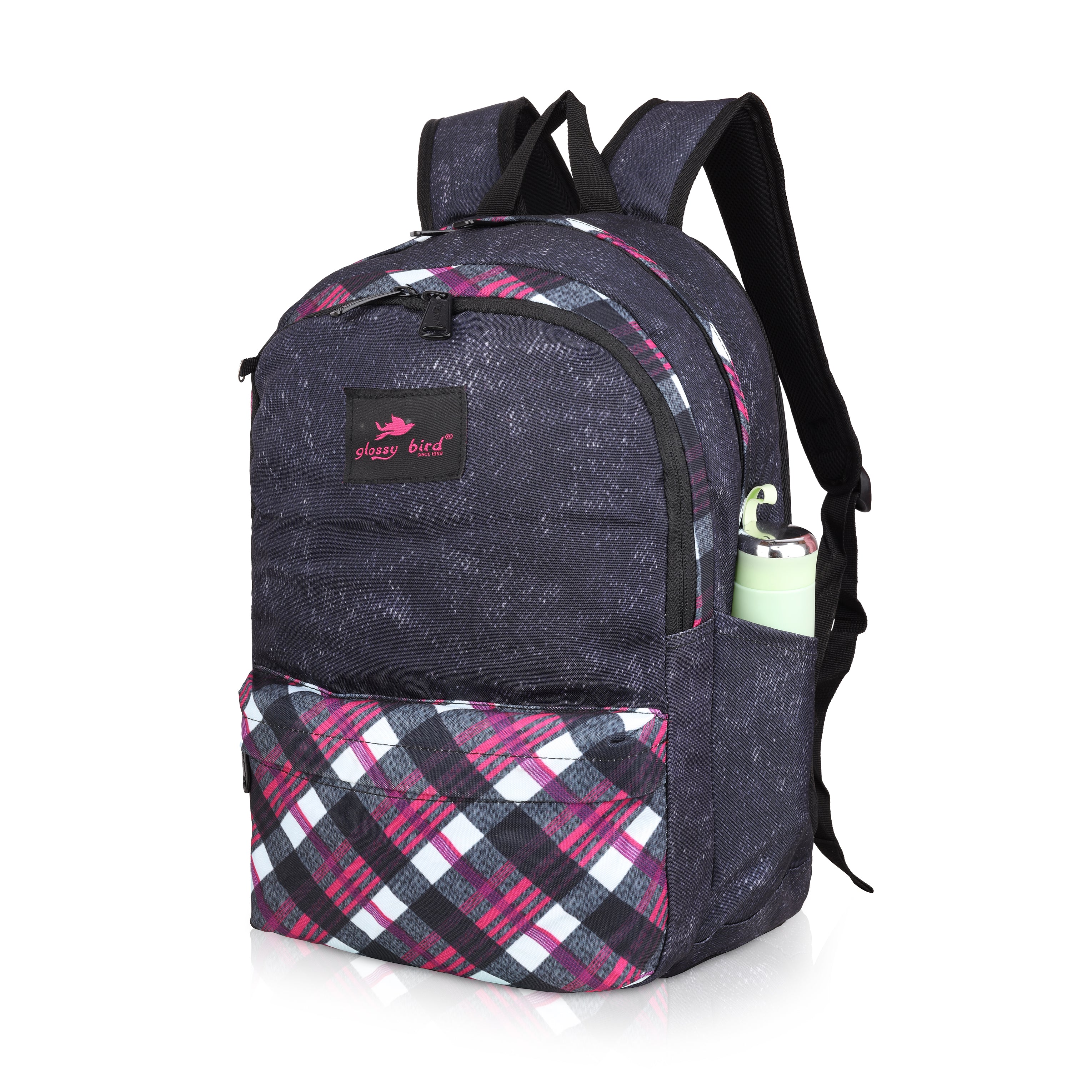 Echo Boomers Glossy Bird 21L Unisex Backpack with Pouch – Stylish Check Design, 3 Compartments, Front Pocket, Bottle Holder – Water-Resistant School, Travel, Office Bag (Yellow